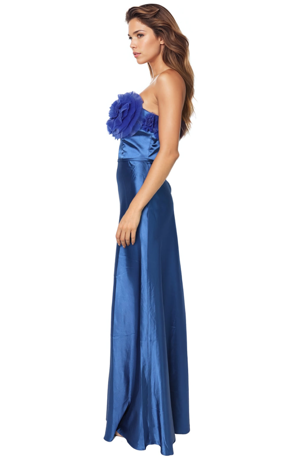 Strapless Satin Pleated Floral Tulle A-Line Gown Rene Ruiz Collection