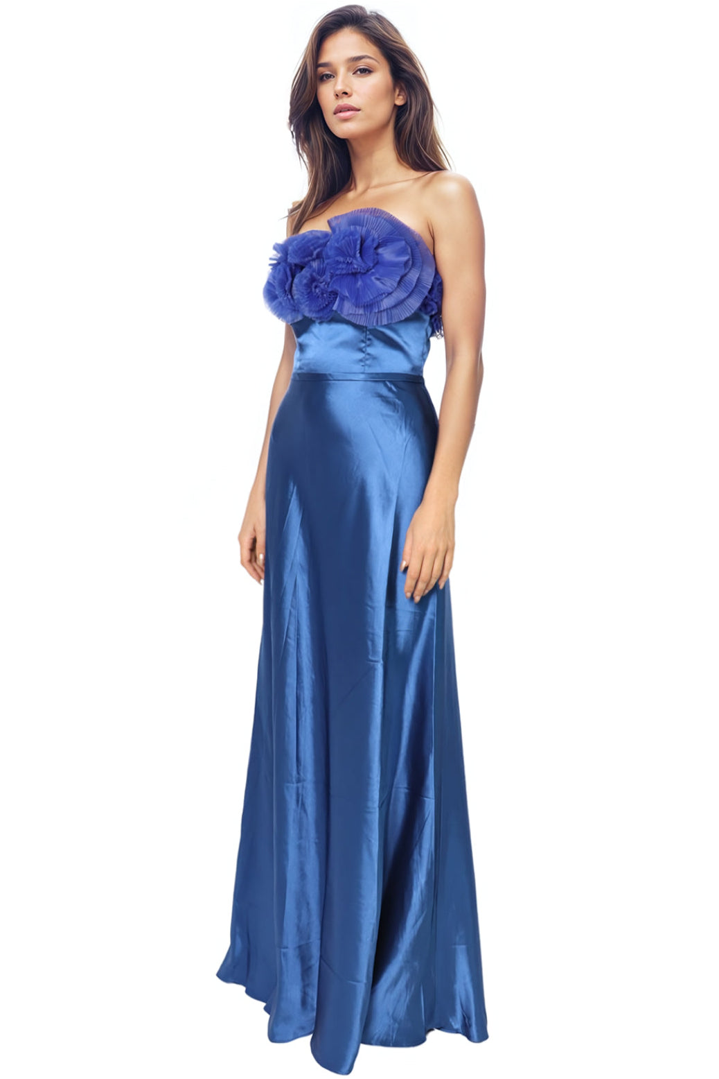 Strapless Satin Pleated Floral Tulle A-Line Gown Rene Ruiz Collection