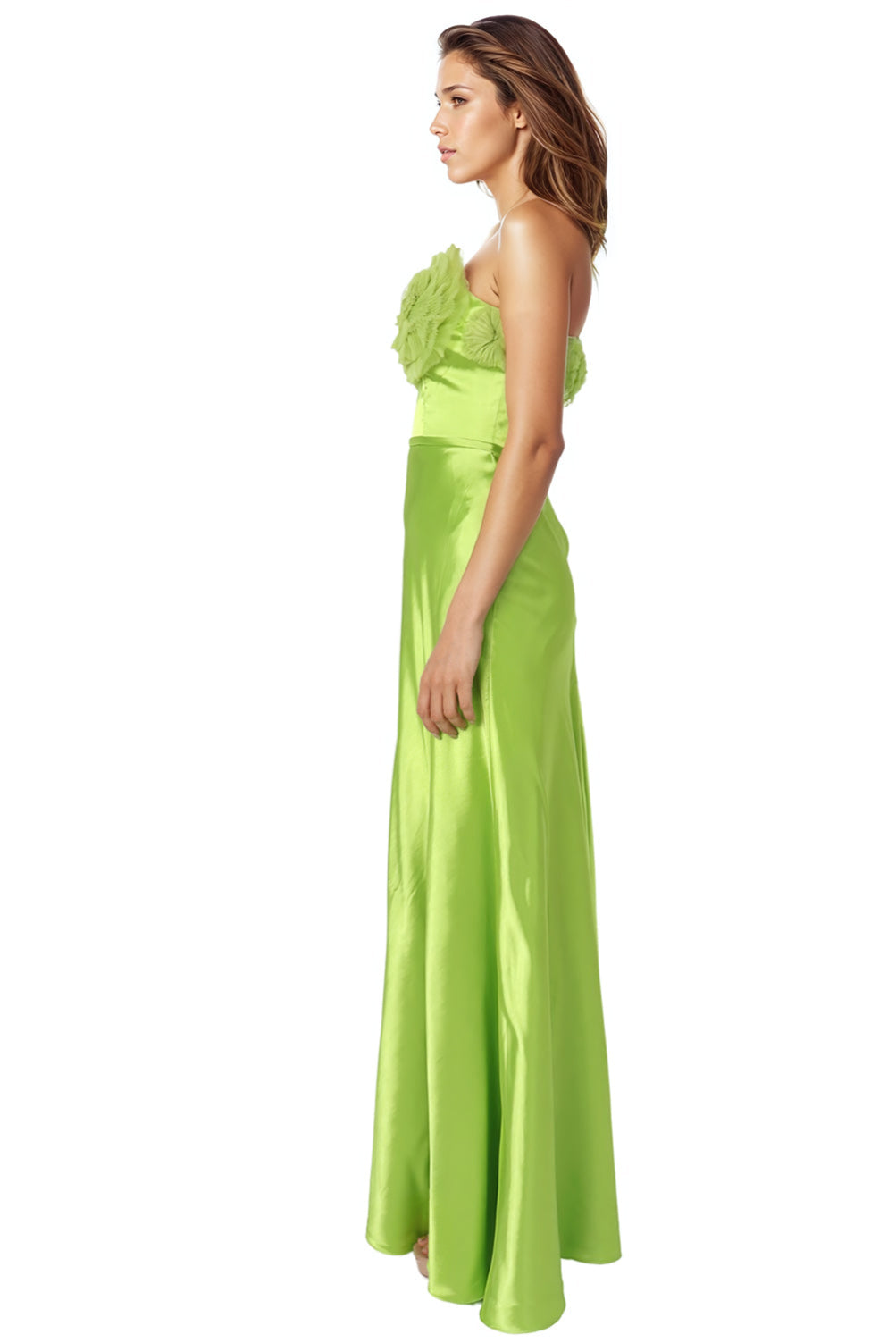 Strapless Satin Pleated Floral Tulle A-Line Gown Rene Ruiz Collection