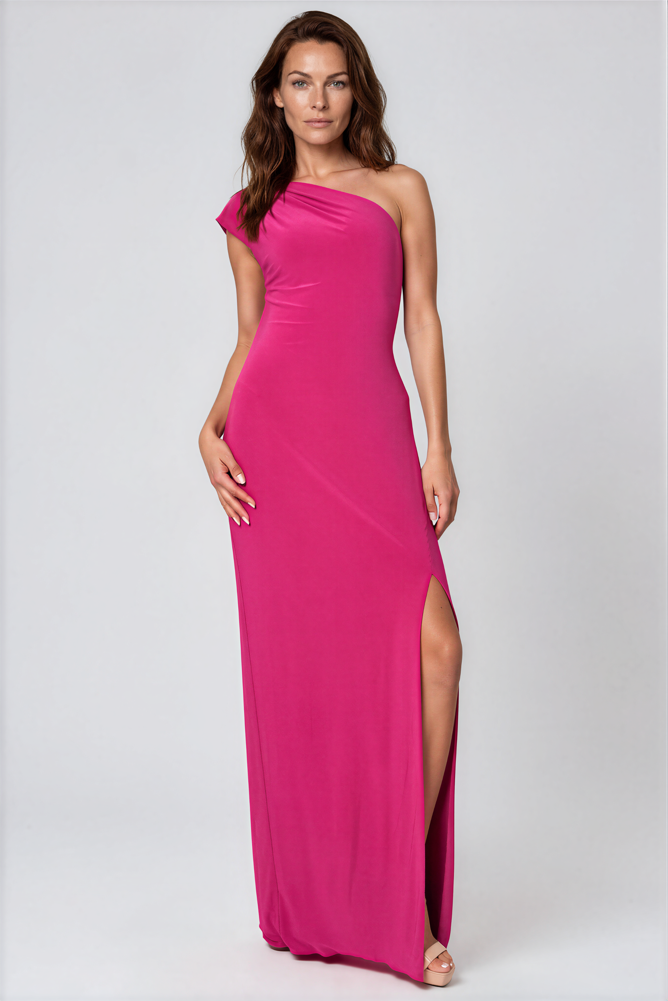 One-Shoulder Stretch Column Gown Gown Rene Ruiz Collection