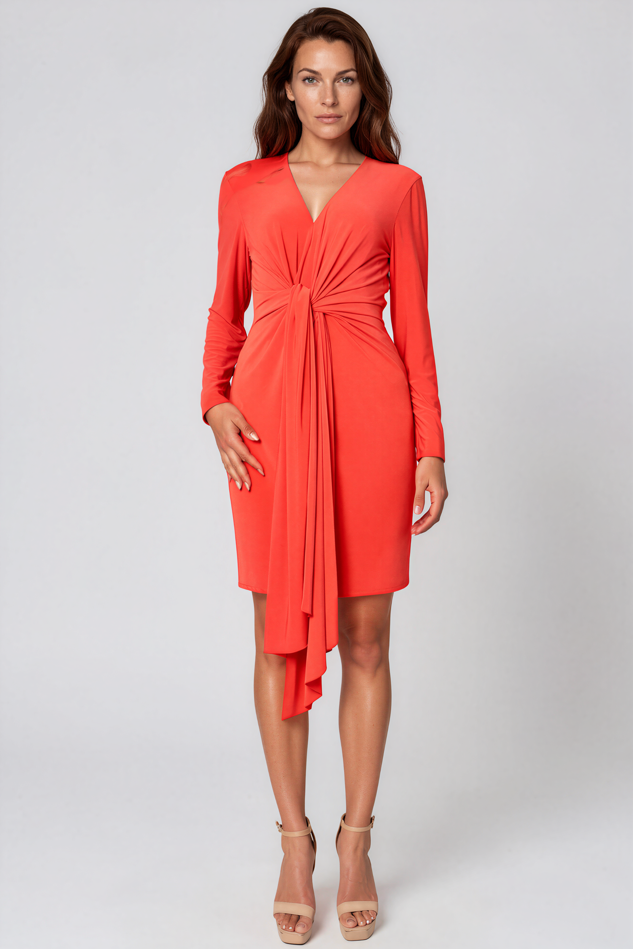 Long Sleeve V Neck Knotted Sheath Dress Cocktail Rene Ruiz Collection