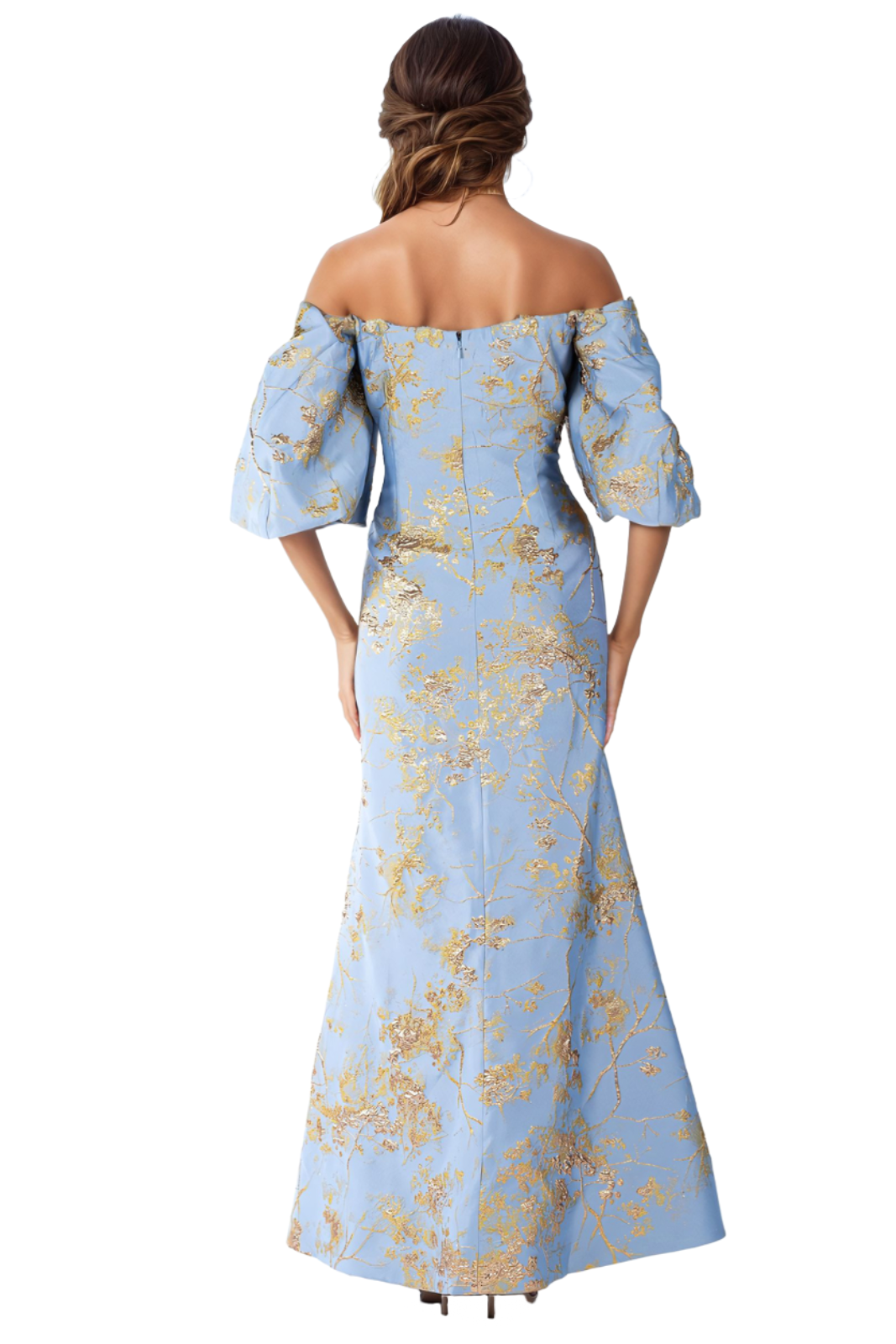 Off-The-Shoulder Puff-Sleeve Gown Gown Rene Ruiz Collection