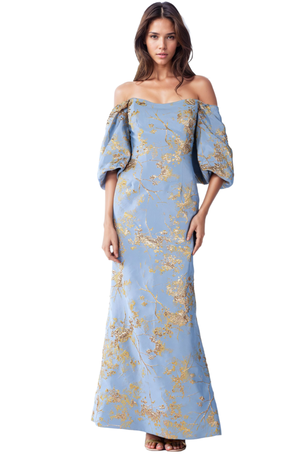 Off-The-Shoulder Puff-Sleeve Gown Gown Rene Ruiz Collection