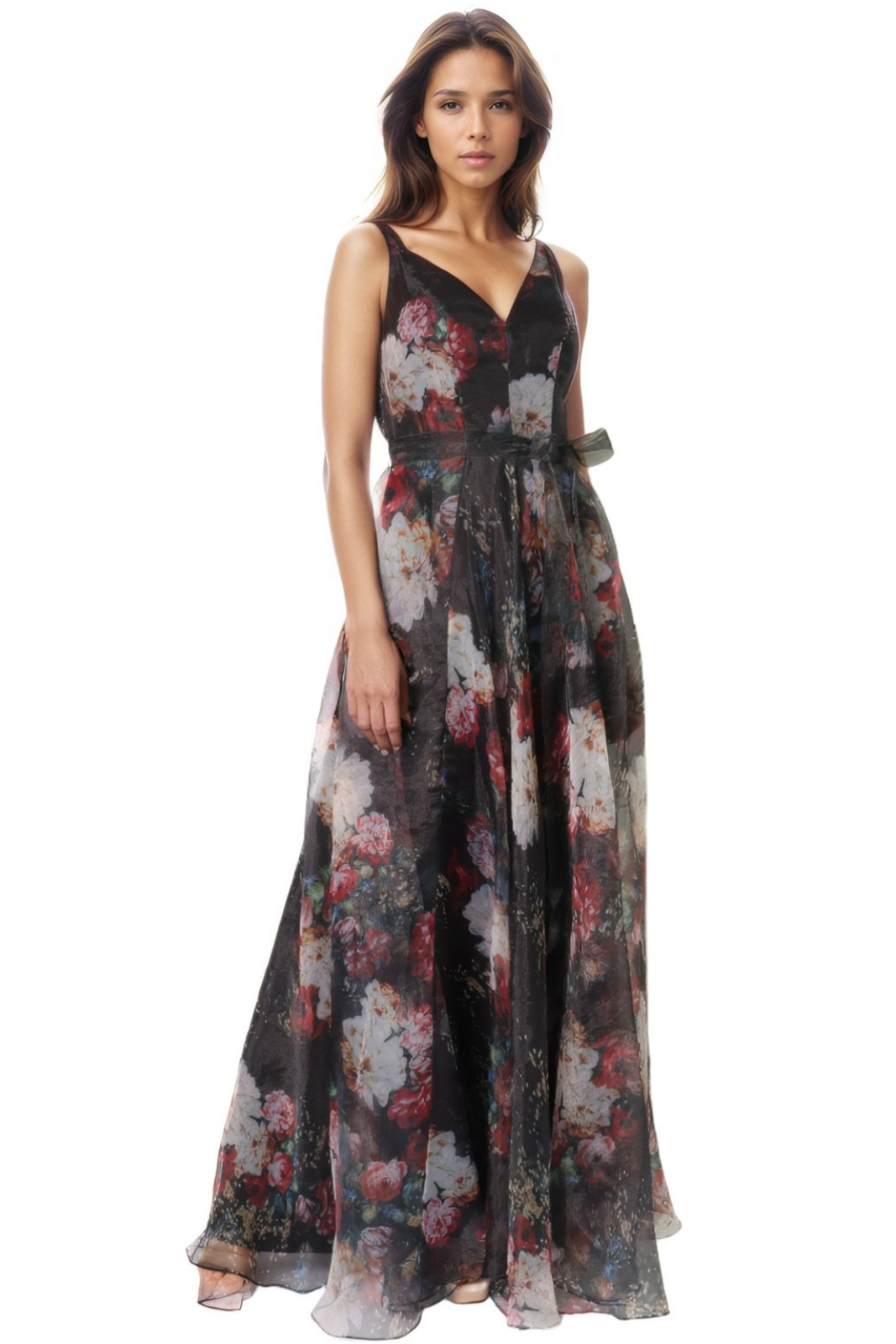 V Neck Printed Organza A-Line Gown Gown Rene Ruiz Collection 0 Black