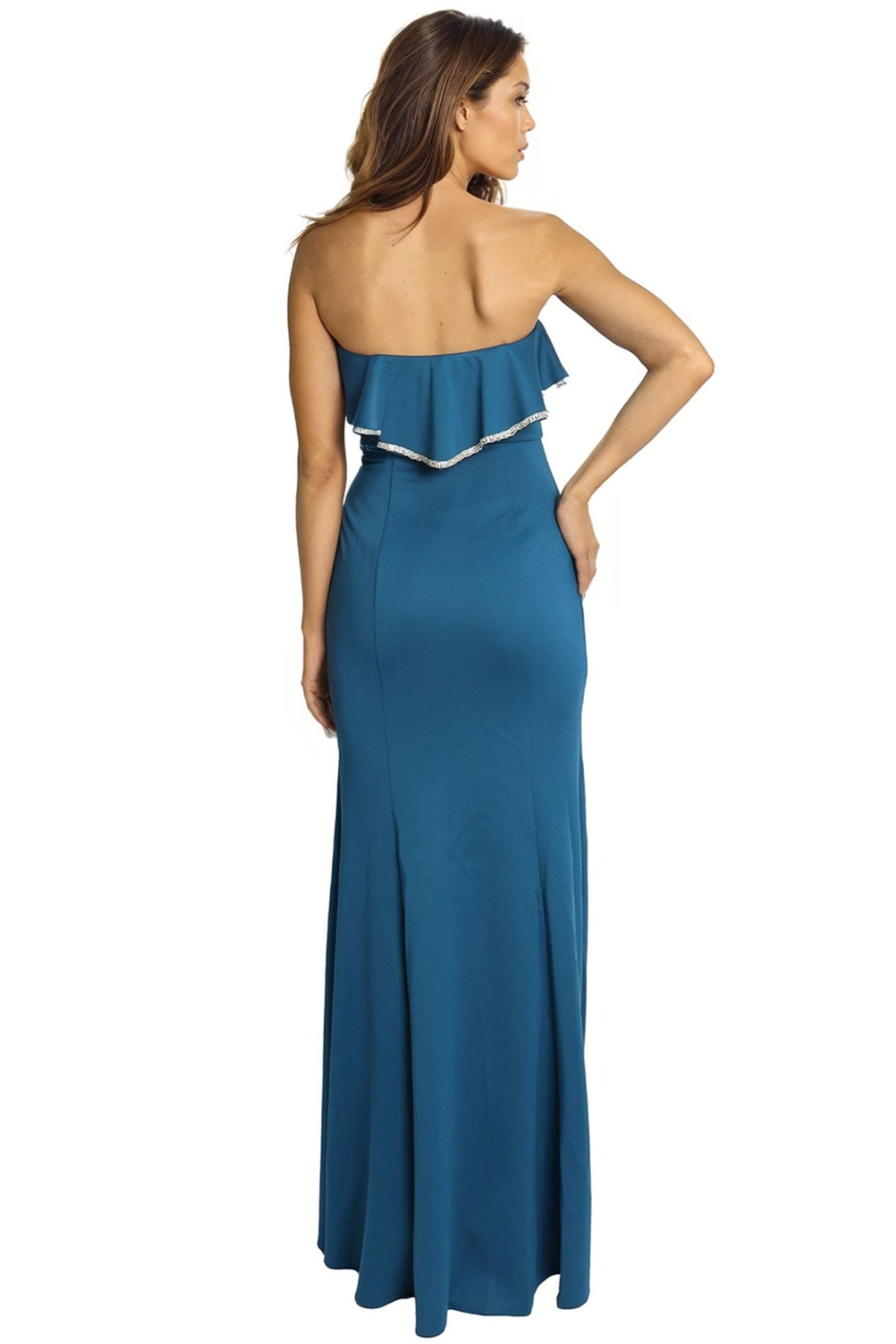 Strapless Ruffle Neckline Scuba Gown With Bejeweled Detail Gown Rene Ruiz Collection