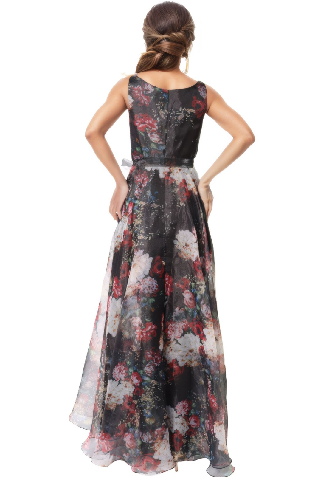 V Neck Printed Organza A-Line Gown Gown Rene Ruiz Collection