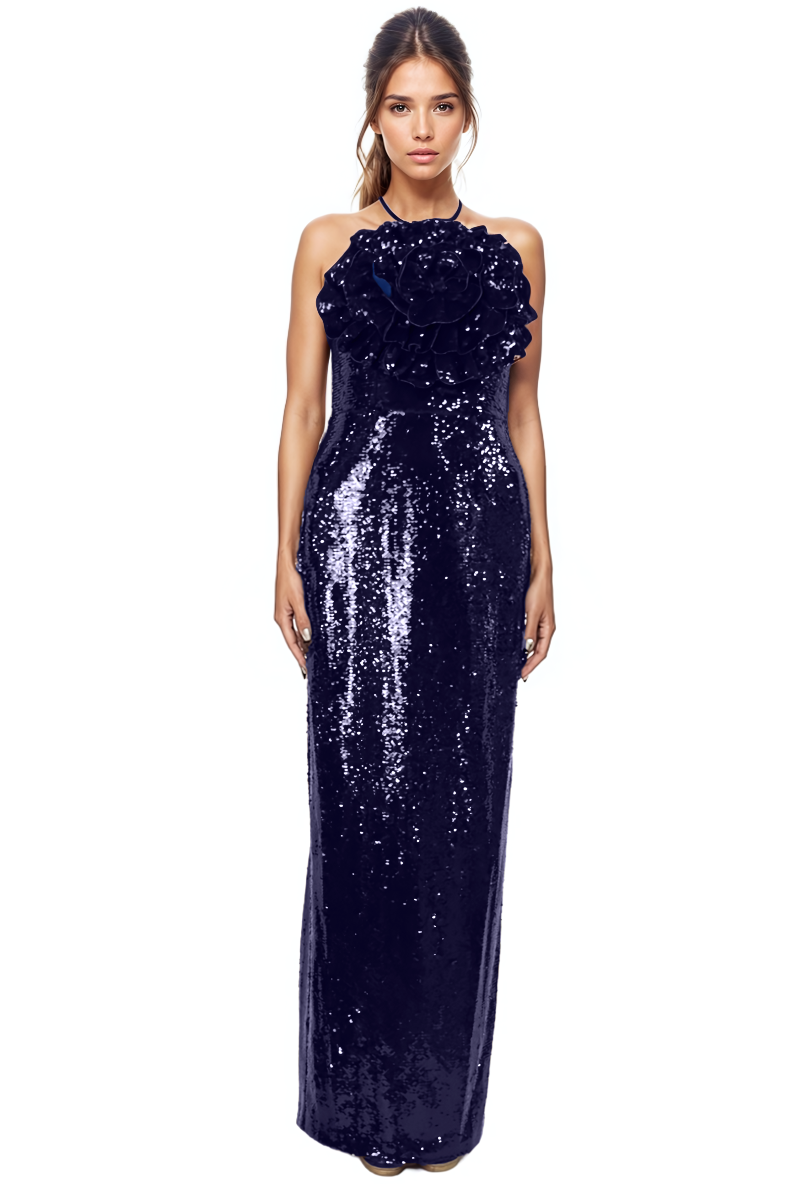 Halter Rosette Sequin Column Gown Gown Rene Ruiz Collection 2 Blue