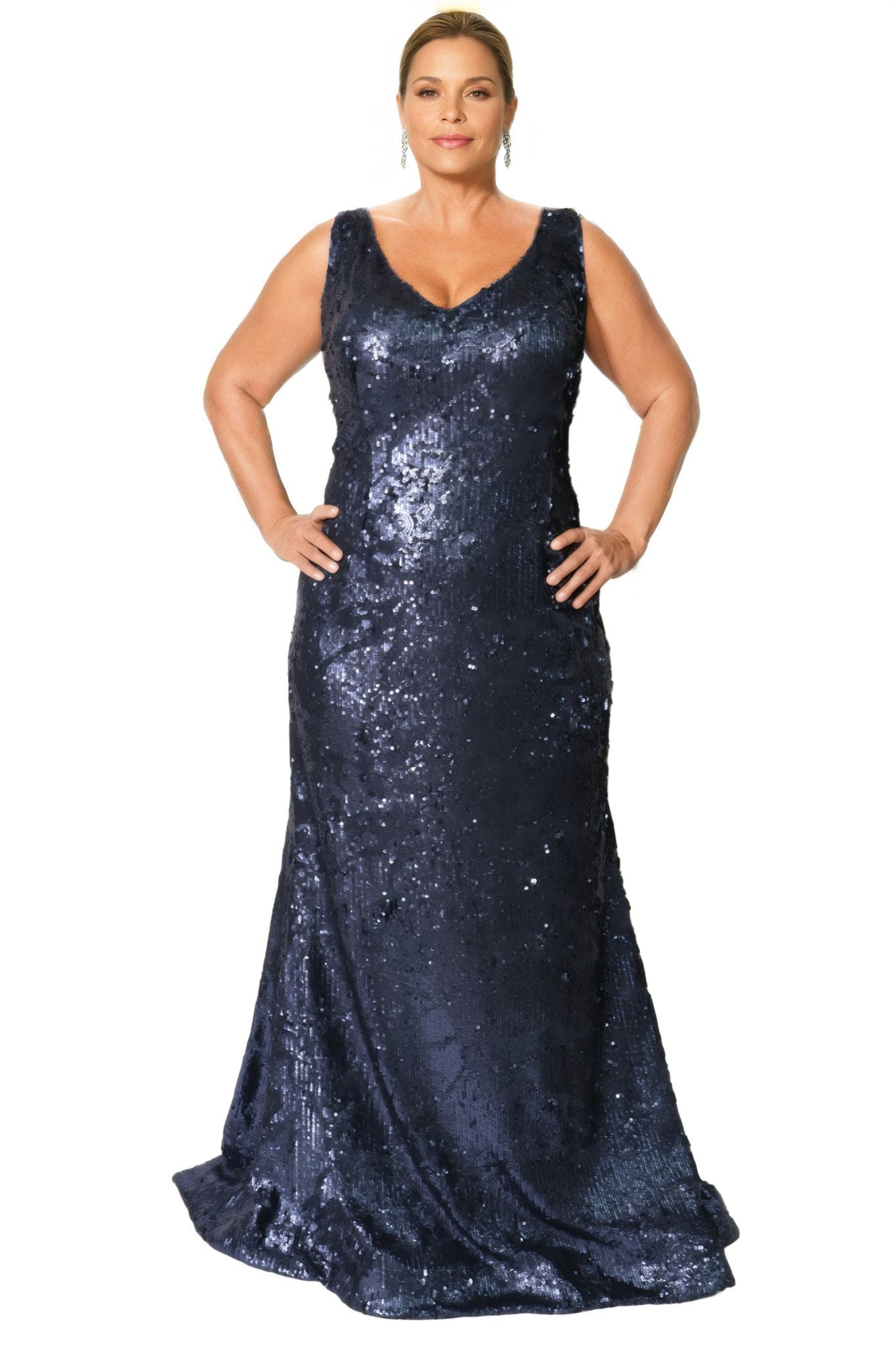 V-Neck Sequin Gown Gown Rene Ruiz Collection 2 Blue