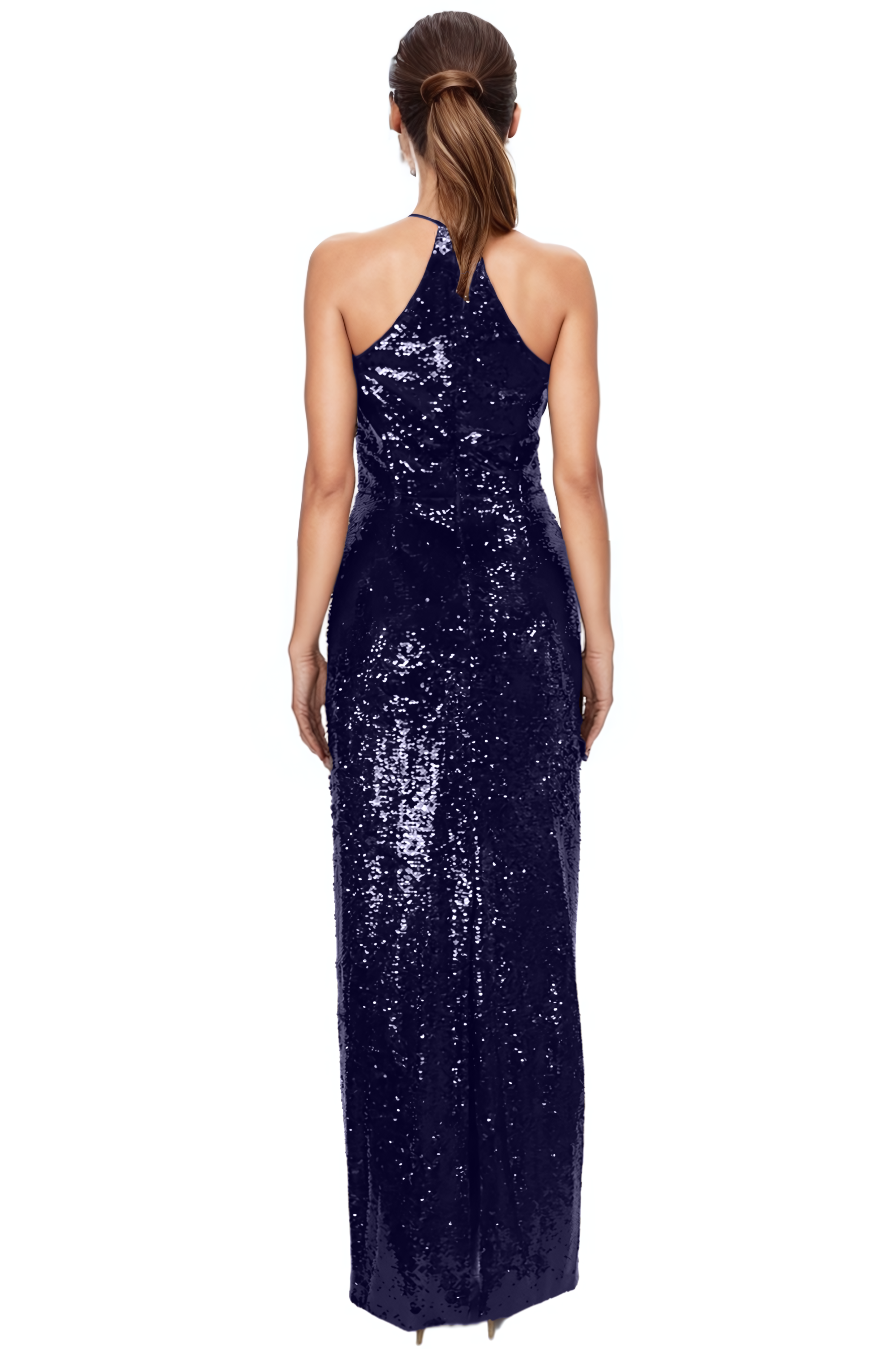 Halter Rosette Sequin Column Gown Gown Rene Ruiz Collection