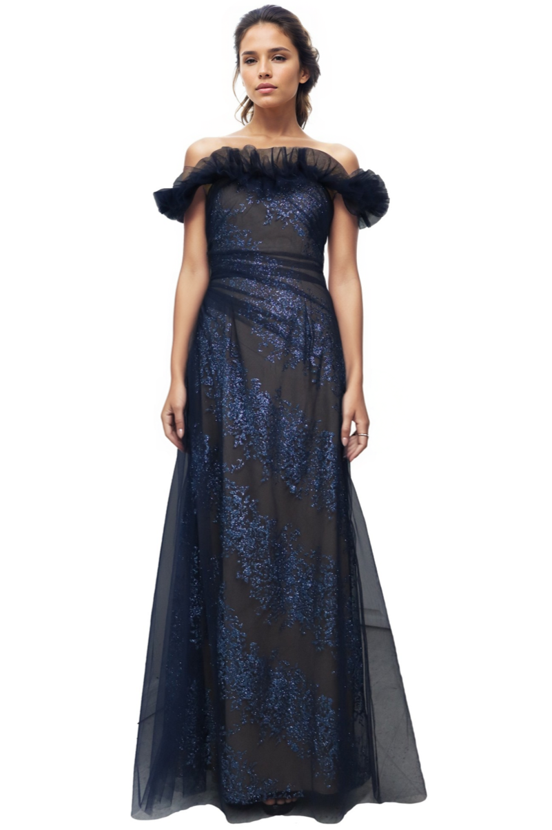Off The Shoulder Ruffled Fit and Flare Gown Gown Rene Ruiz Collection