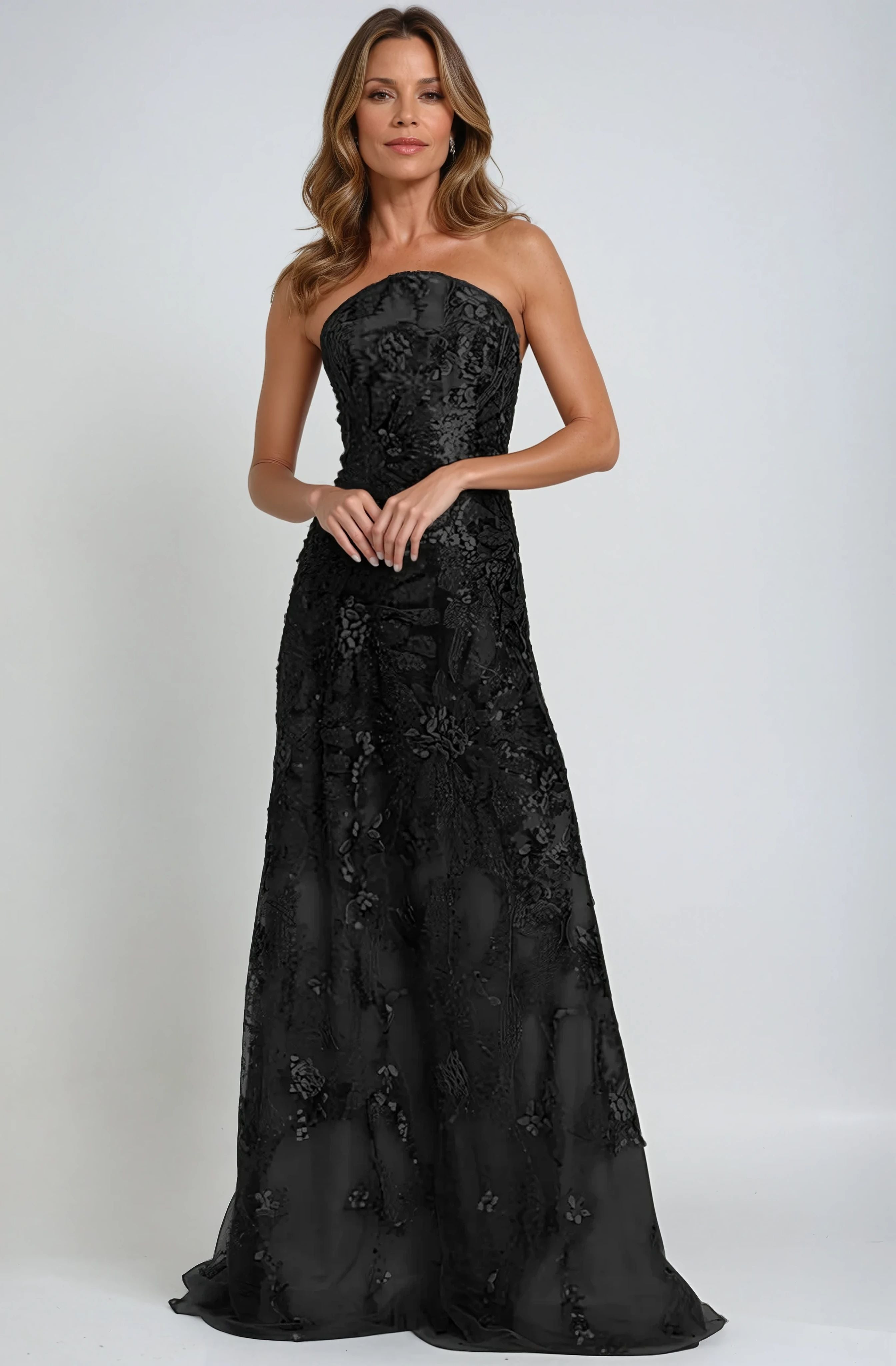 Floral Embroidered Strapless A-Line Gown