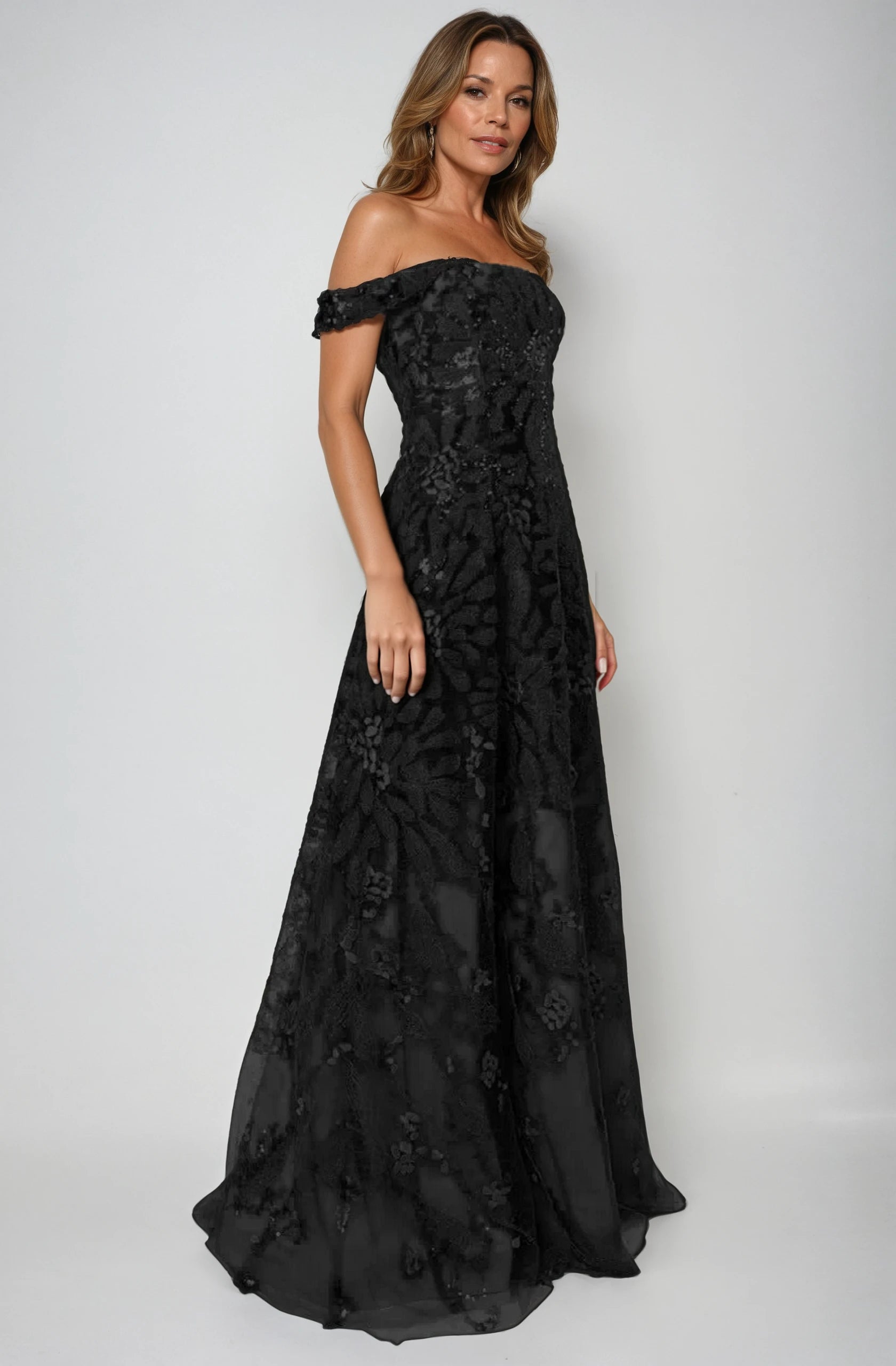Floral Embroidered Off the Shoulder A-Line Gown