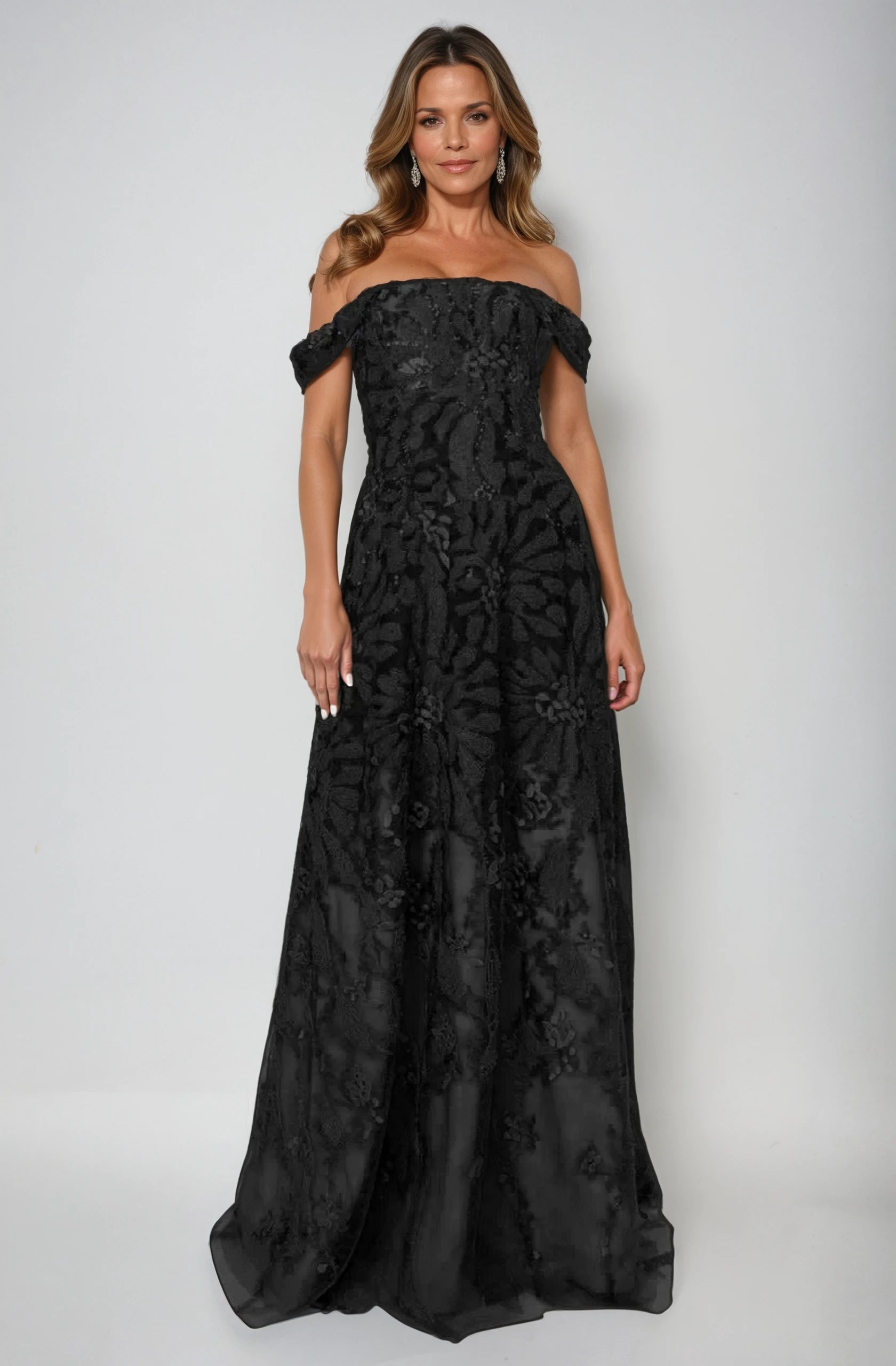 Floral Embroidered Off the Shoulder A-Line Gown