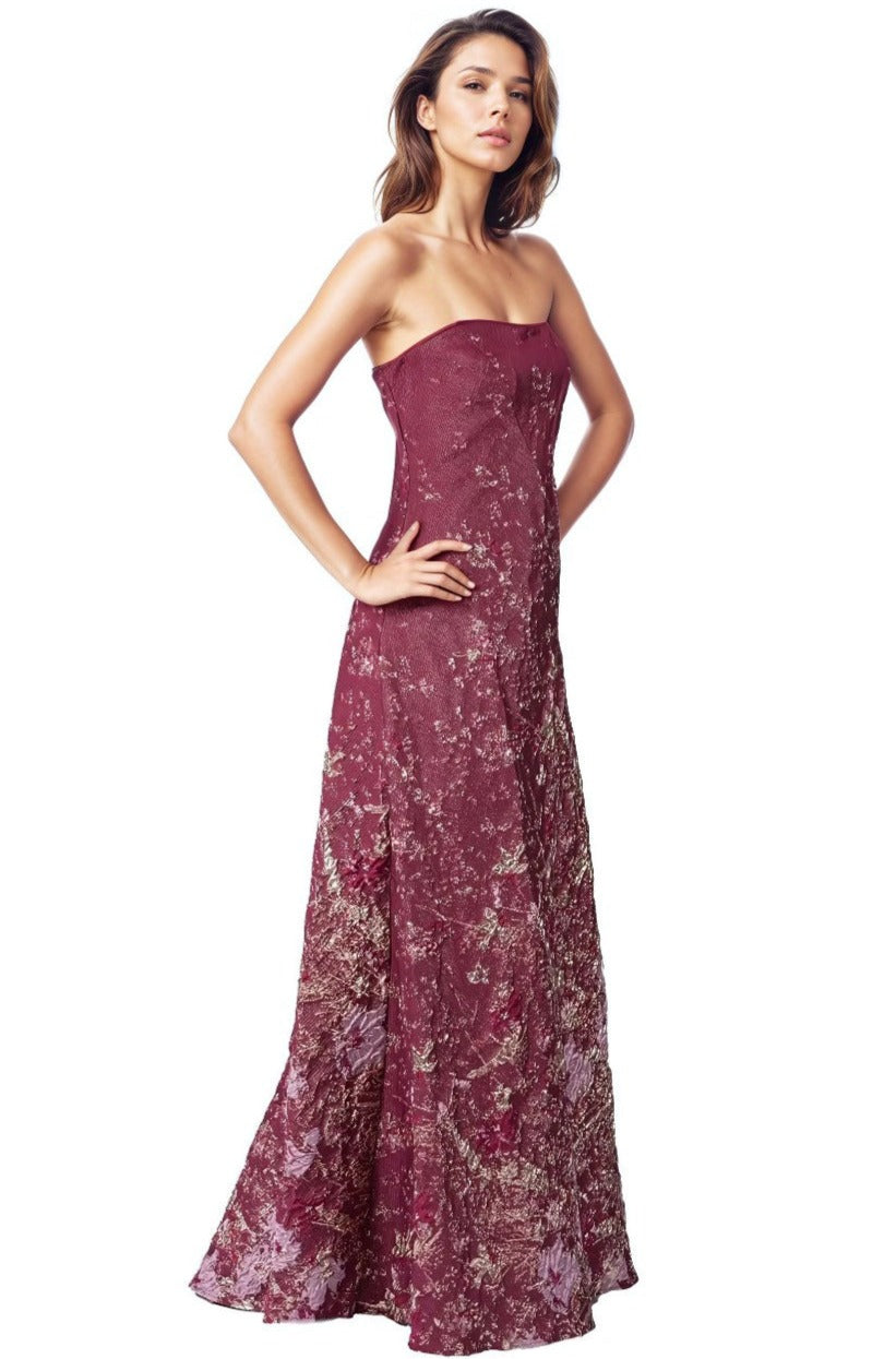 Strapless Brocade A-line Gown Rene Ruiz Collection