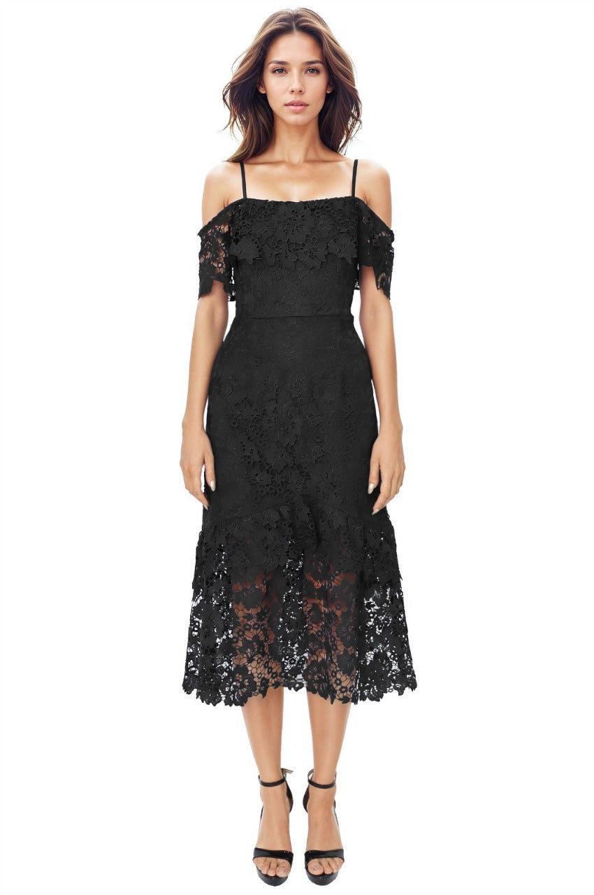 Off The Shoulder Lace Tiered Midi Cocktail Rene Ruiz Collection 2 Black