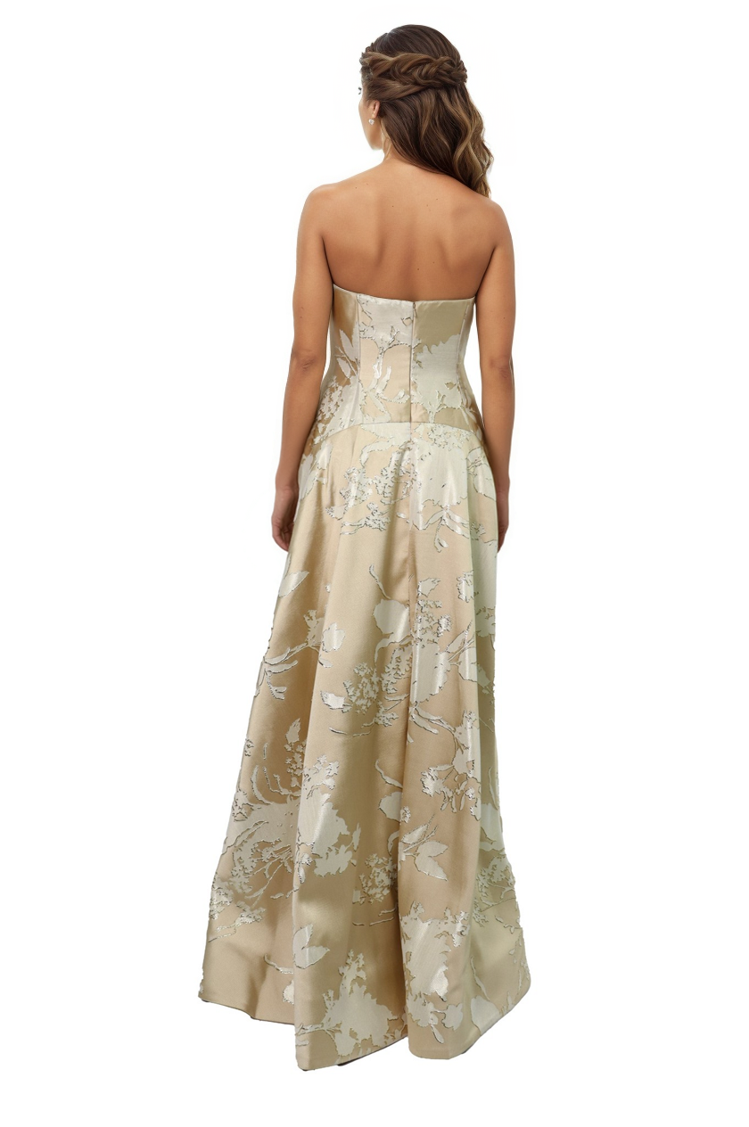 Strapless Brocade Gown with Cascading Skirt Gown Rene Ruiz Collection