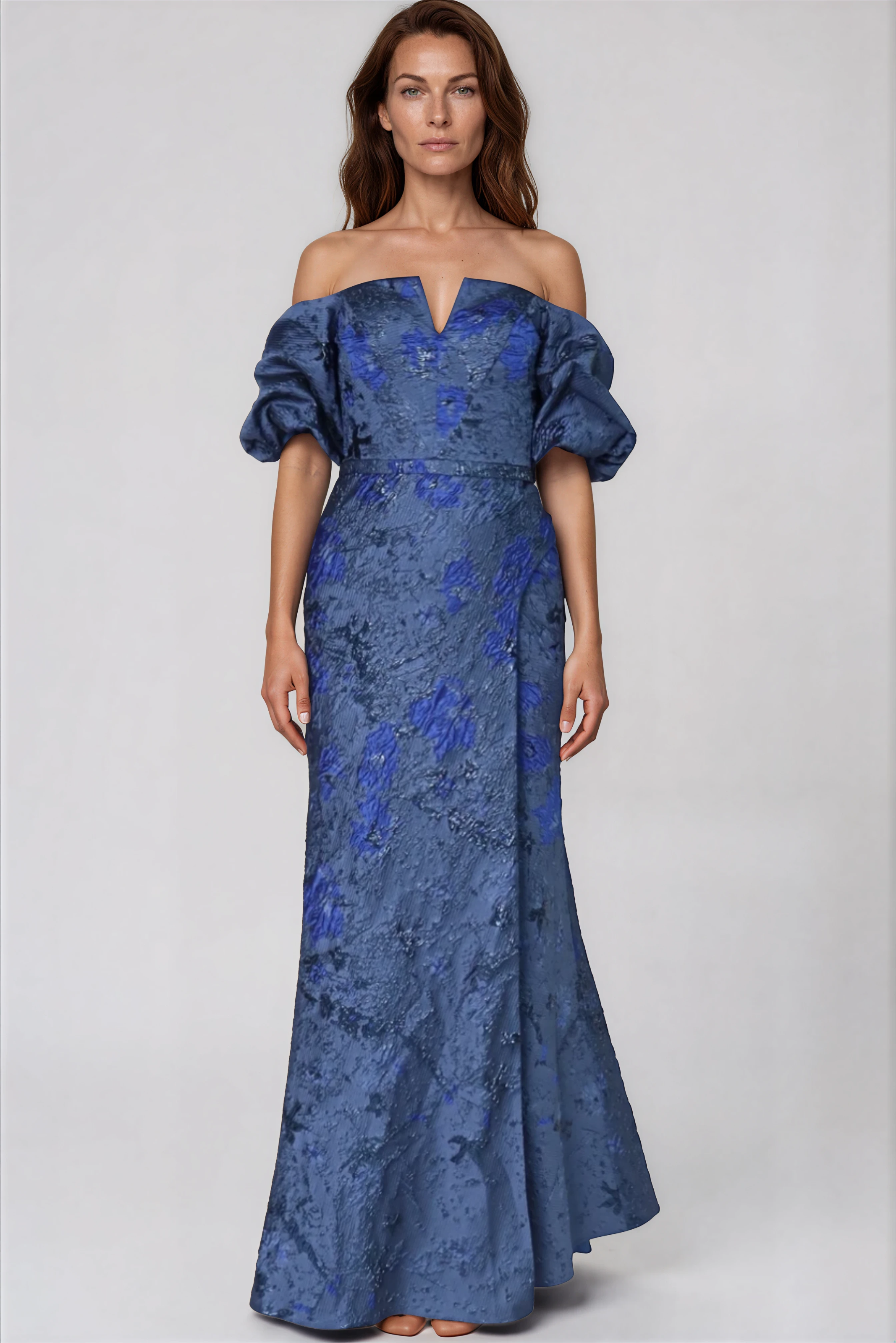 Off The Shoulder Gathered Puff Sleeve Brocade Gown with Notched Neckline Gown Rene Ruiz Collection