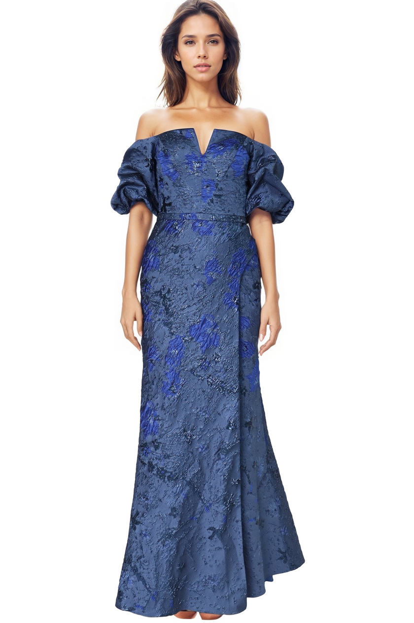Off The Shoulder Gathered Puff Sleeve Brocade Gown with Notched Neckline Gown Rene Ruiz Collection
