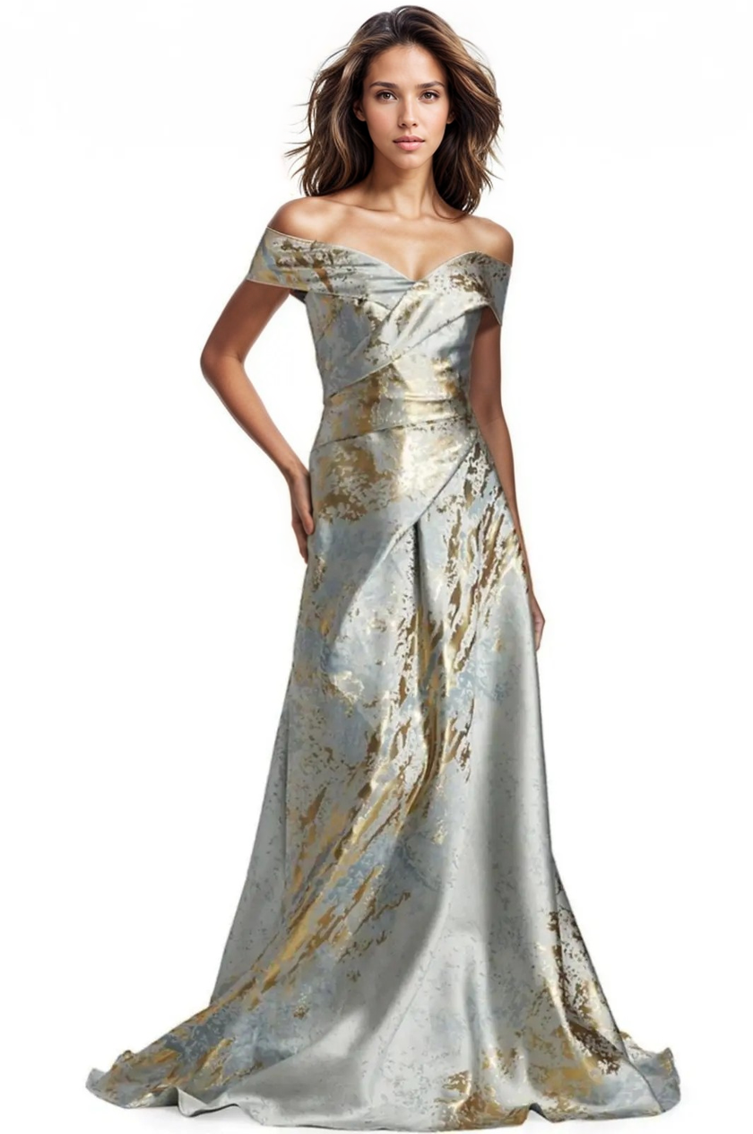 Off The Shoulder Brocade Gown Gown Rene Ruiz Collection 0 Slate