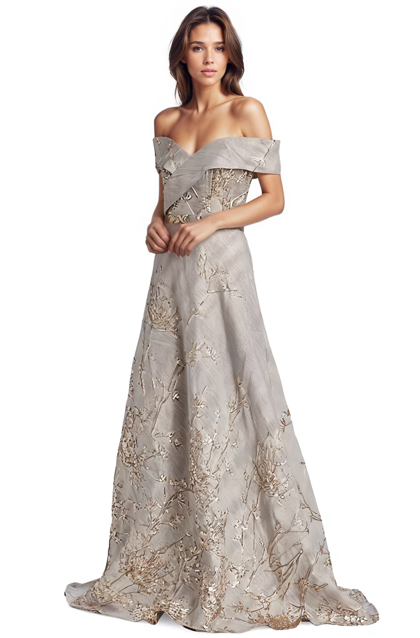 Off the Shoulder Brocade A-line Gown Gown Rene Ruiz Collection
