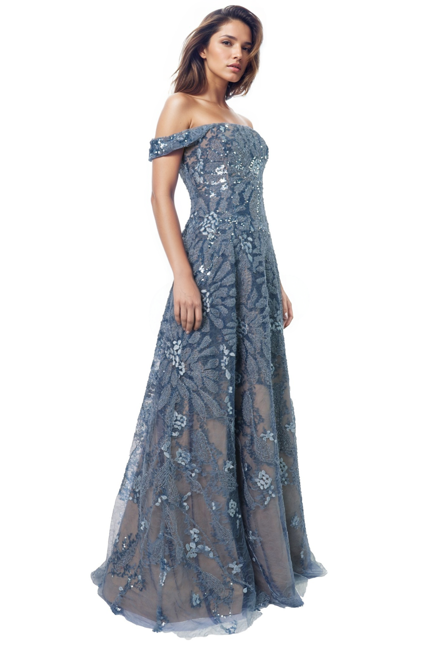Floral Embroidered Off the Shoulder A-Line Gown Gown Rene Ruiz Collection