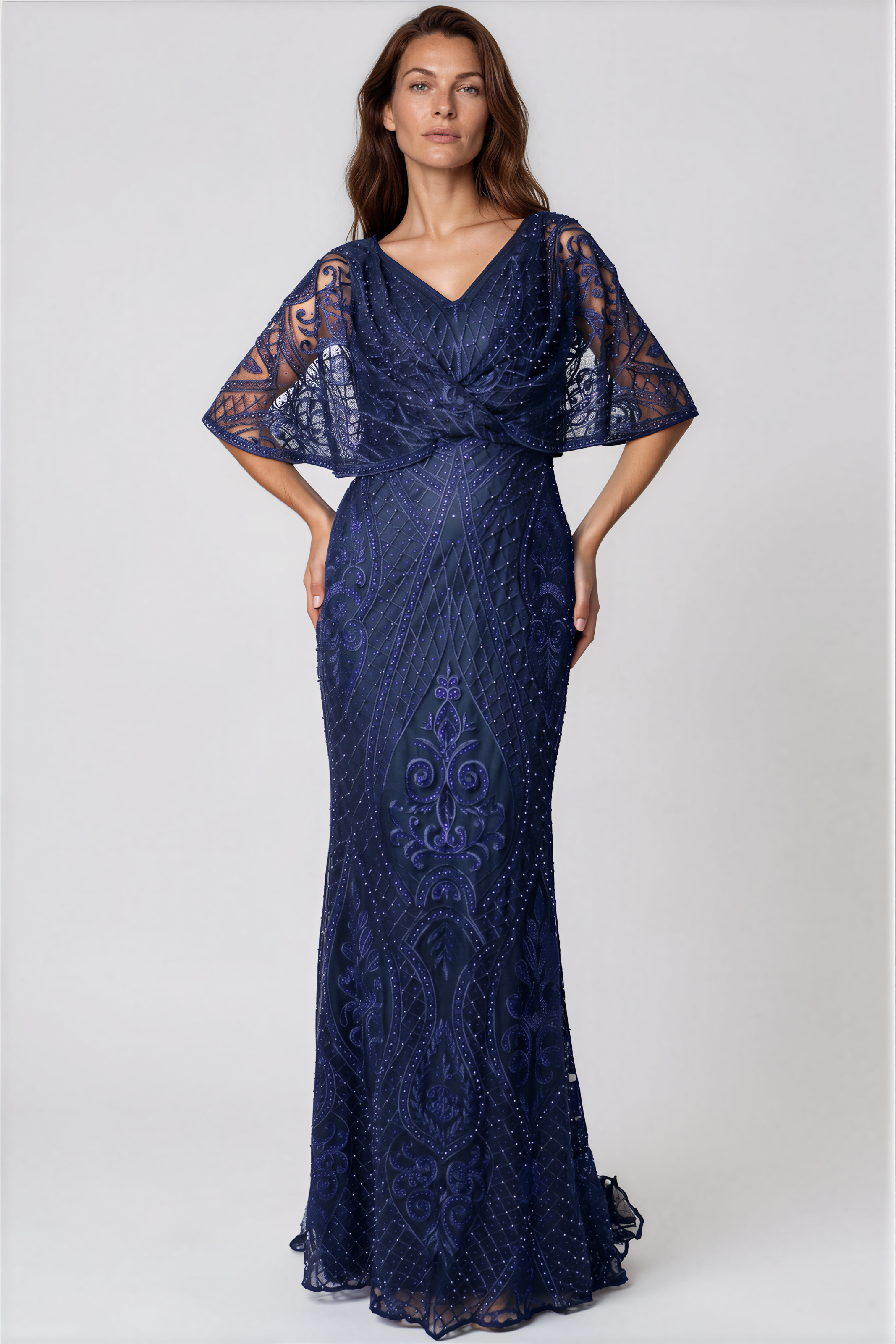 V Neck Embroidery Cape Gown Gown Rene Ruiz Collection