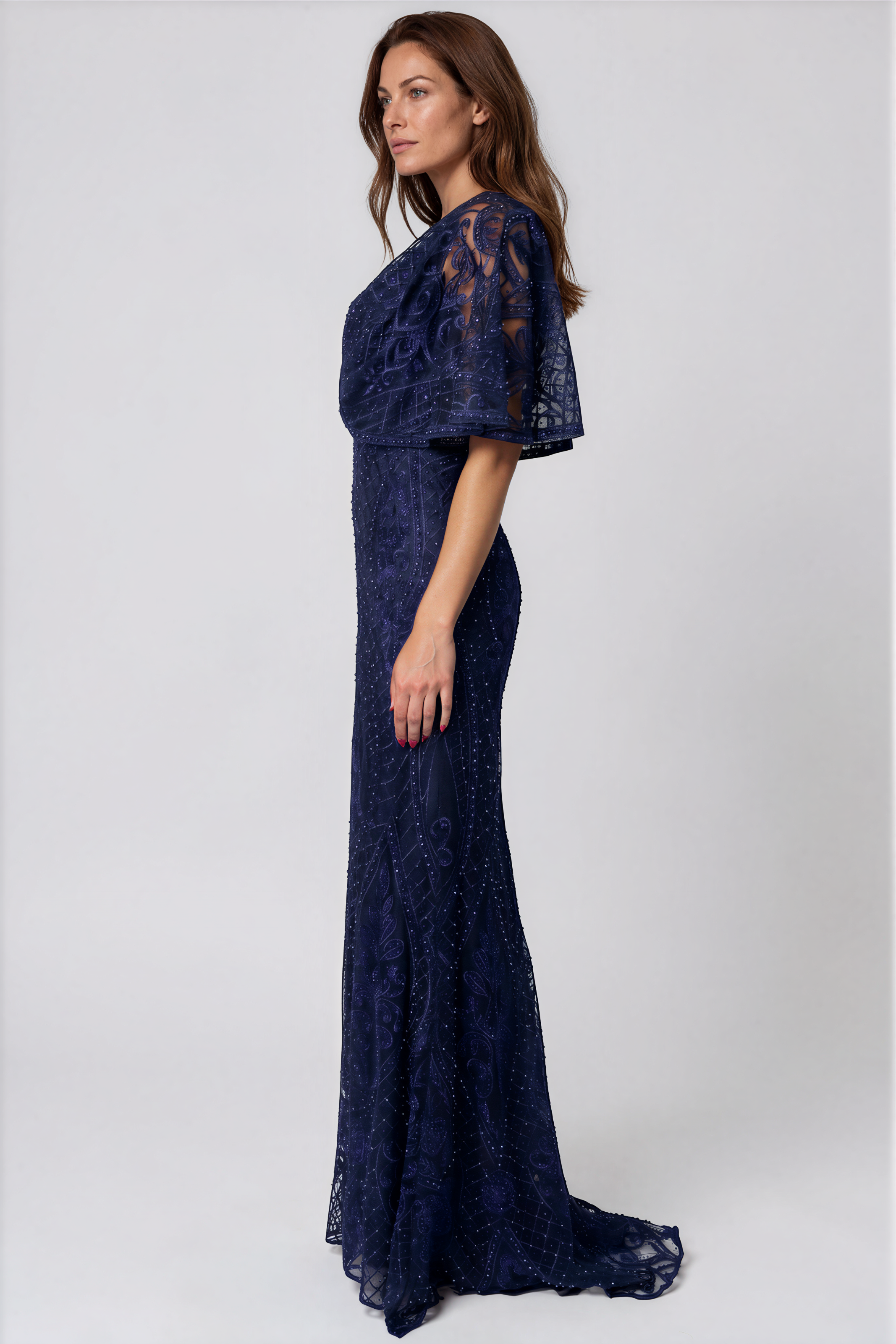 V Neck Embroidery Cape Gown Gown Rene Ruiz Collection