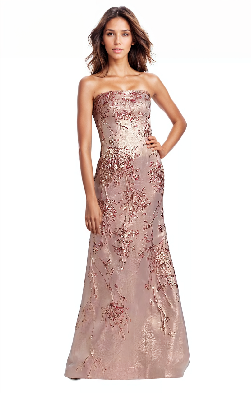 Strapless Fit and Flare Brocade Gown Gown Rene Ruiz Collection 0 Pink
