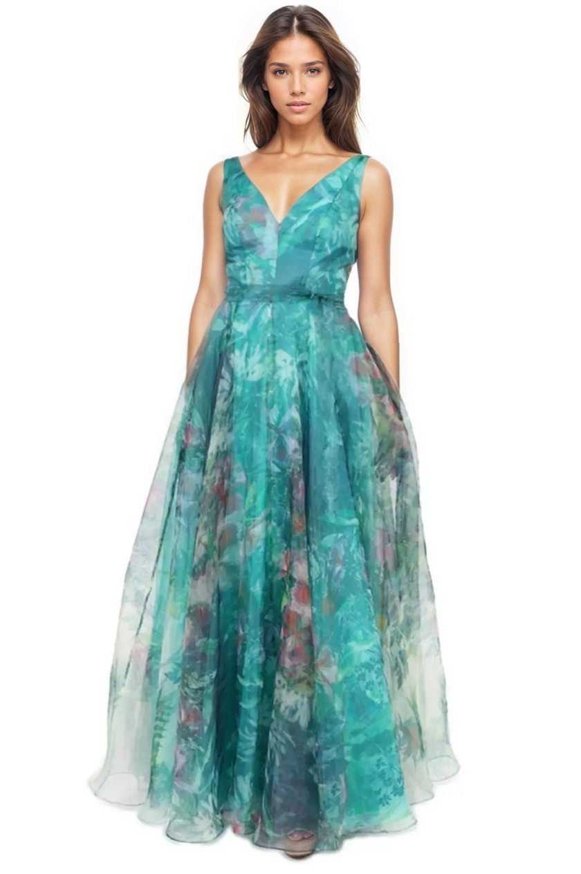 V Neck Printed Organza A-Line Gown Gown Rene Ruiz Collection 0 Multi
