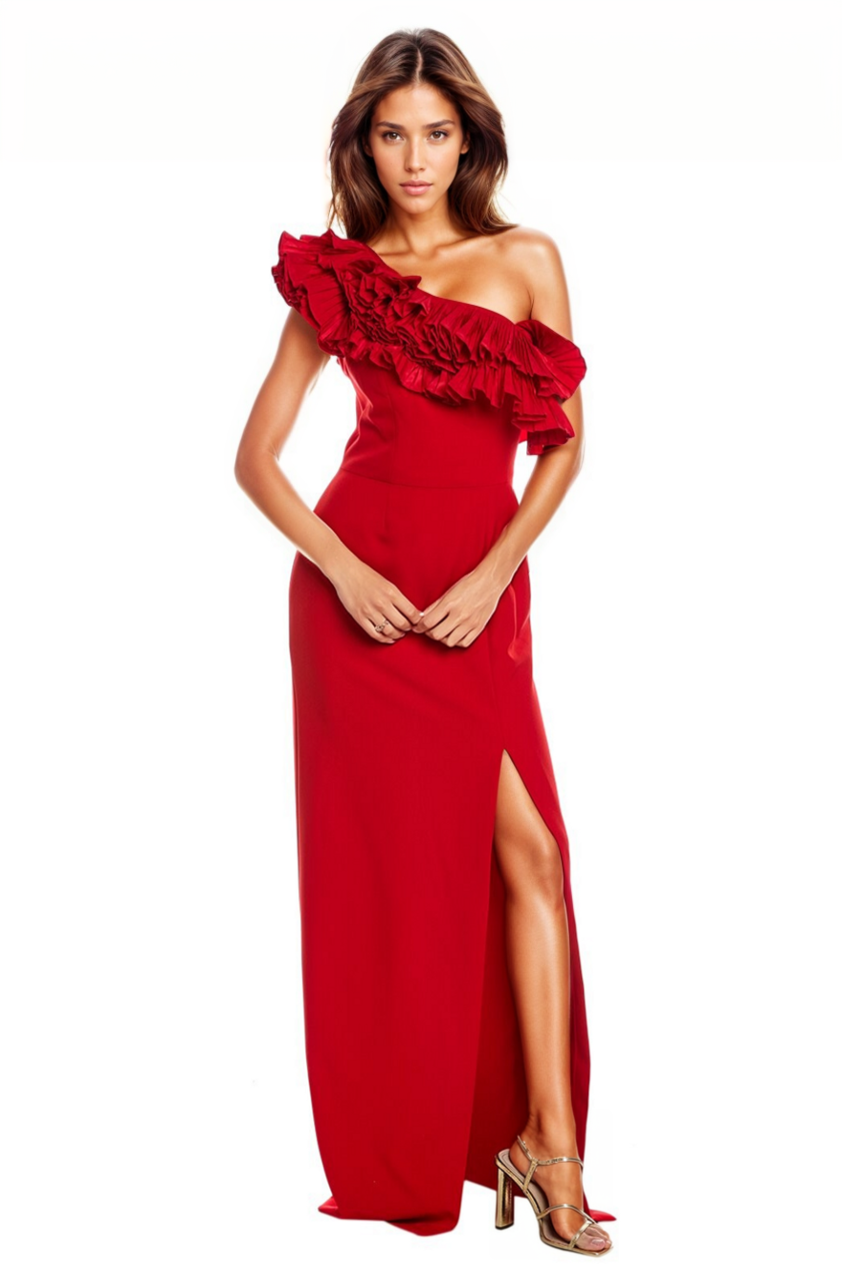 One Shoulder Ruffles Satin Column Gown Gown Rene Ruiz Collection 2 Red