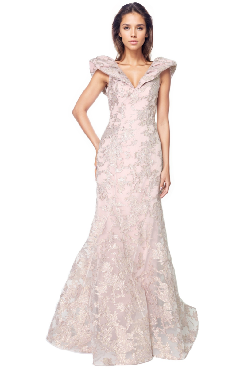 Puff Collar V Neck Brocade Fit and Flare Gown Gown Rene Ruiz Collection
