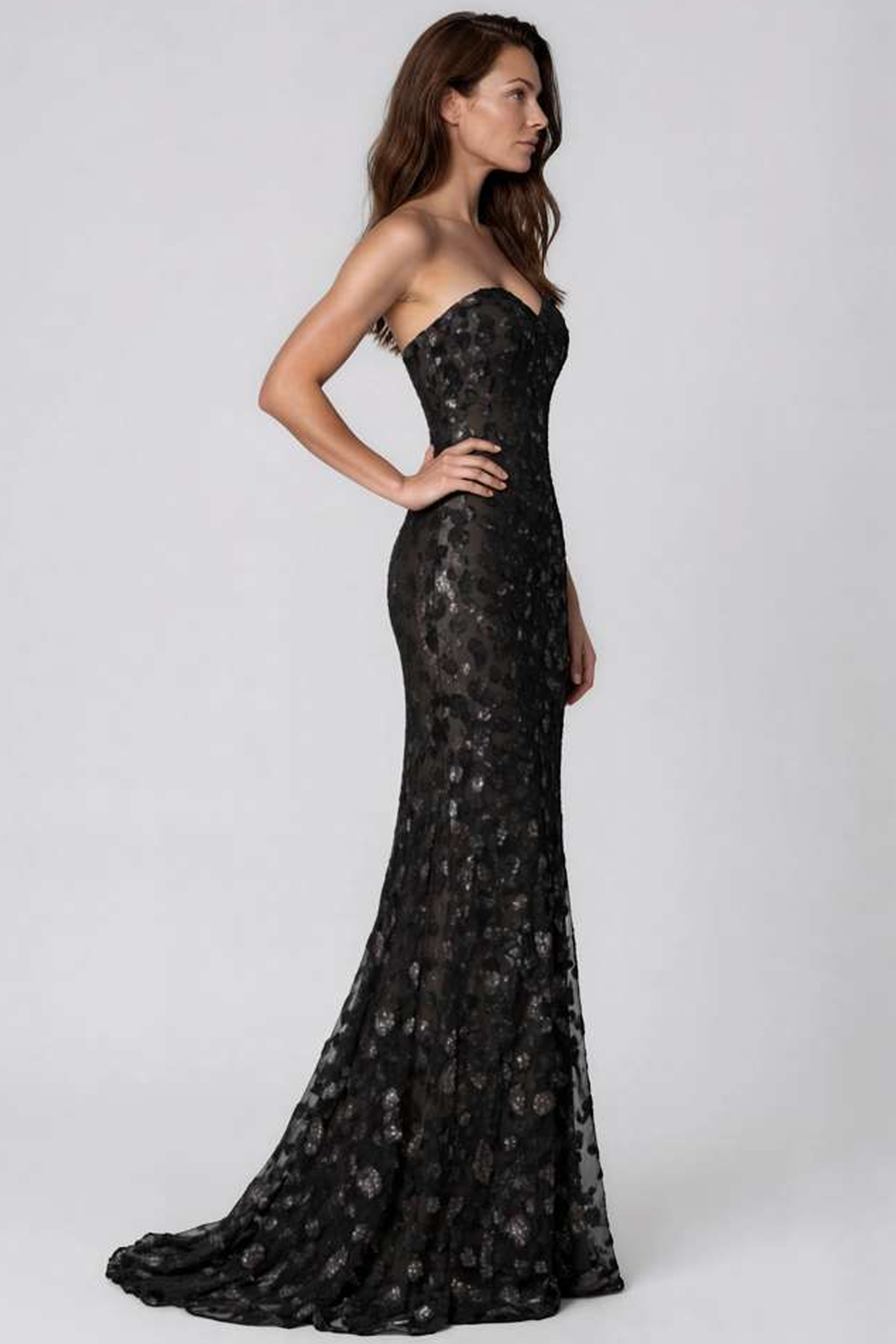 Strapless Sequin Fit And Flare Gown Gown Rene Ruiz Collection