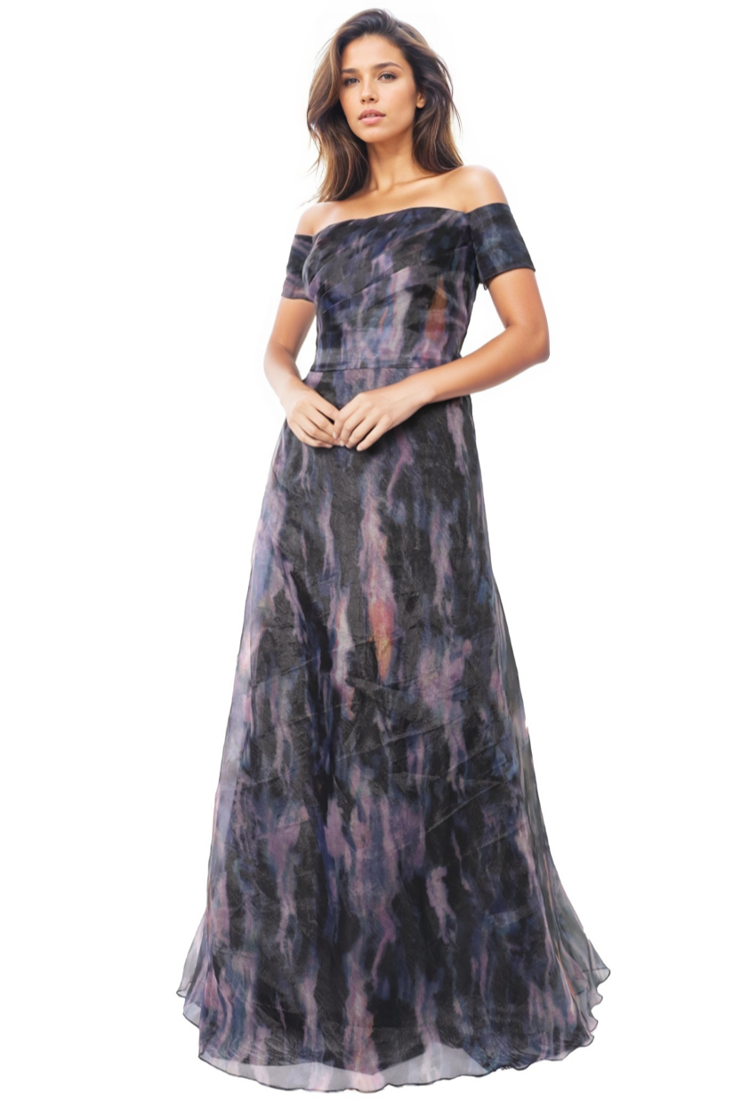 Off The Shoulder Printed Organza A-Line Gown Gown Rene Ruiz Collection