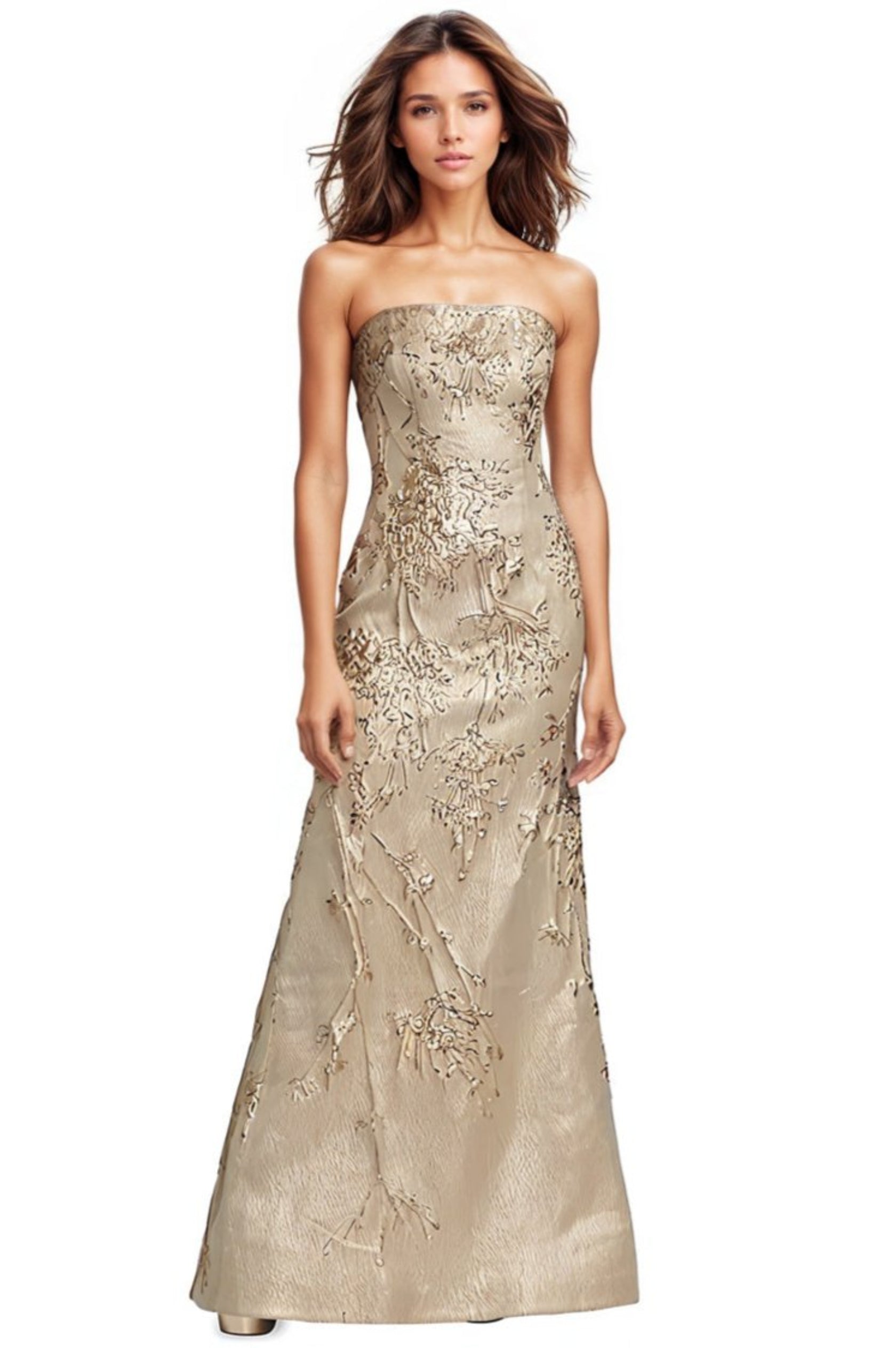 Strapless Fit and Flare Brocade Gown Gown Rene Ruiz Collection