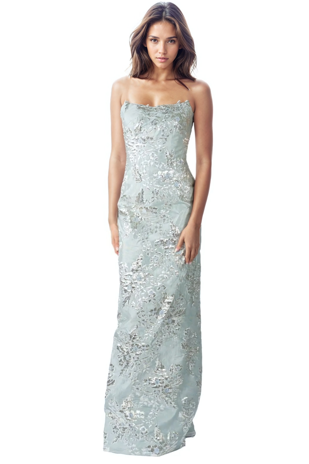 Strapless Brocade Column Gown Gown Rene Ruiz Collection