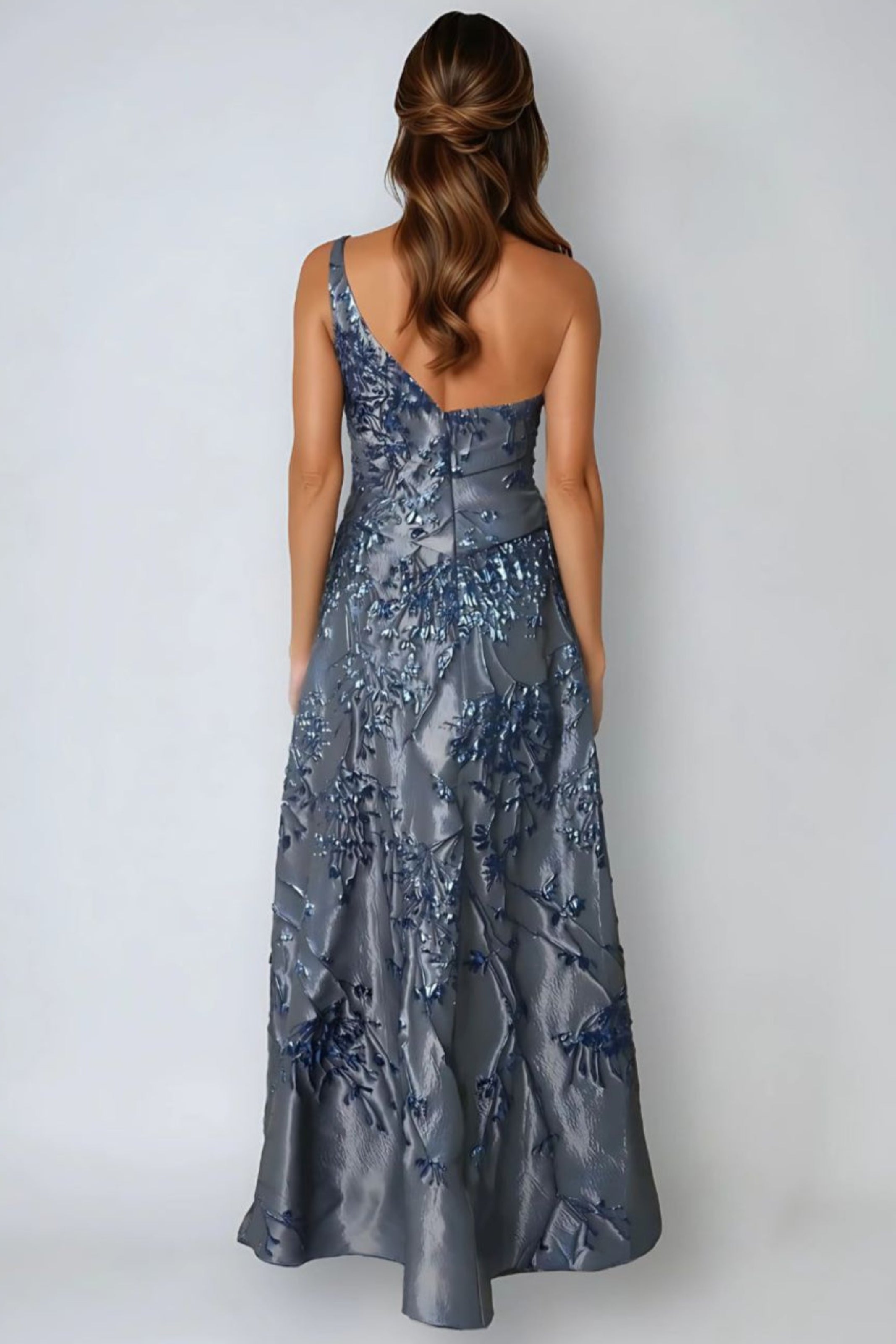 One Shoulder Brocade Metallic Floral A-Line Gown Gown Rene Ruiz Collection