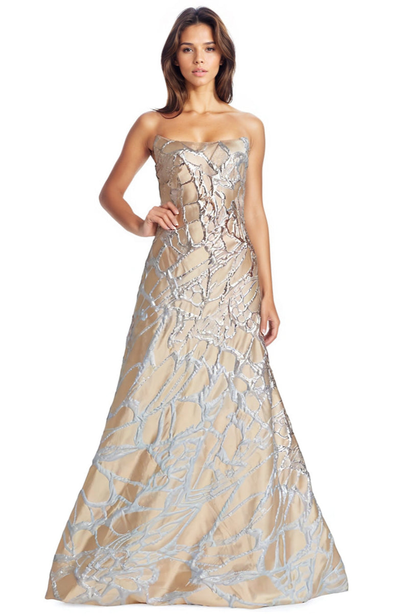 Strapless Abstract Metallic Jacquard Gown Gown Rene Ruiz Collection
