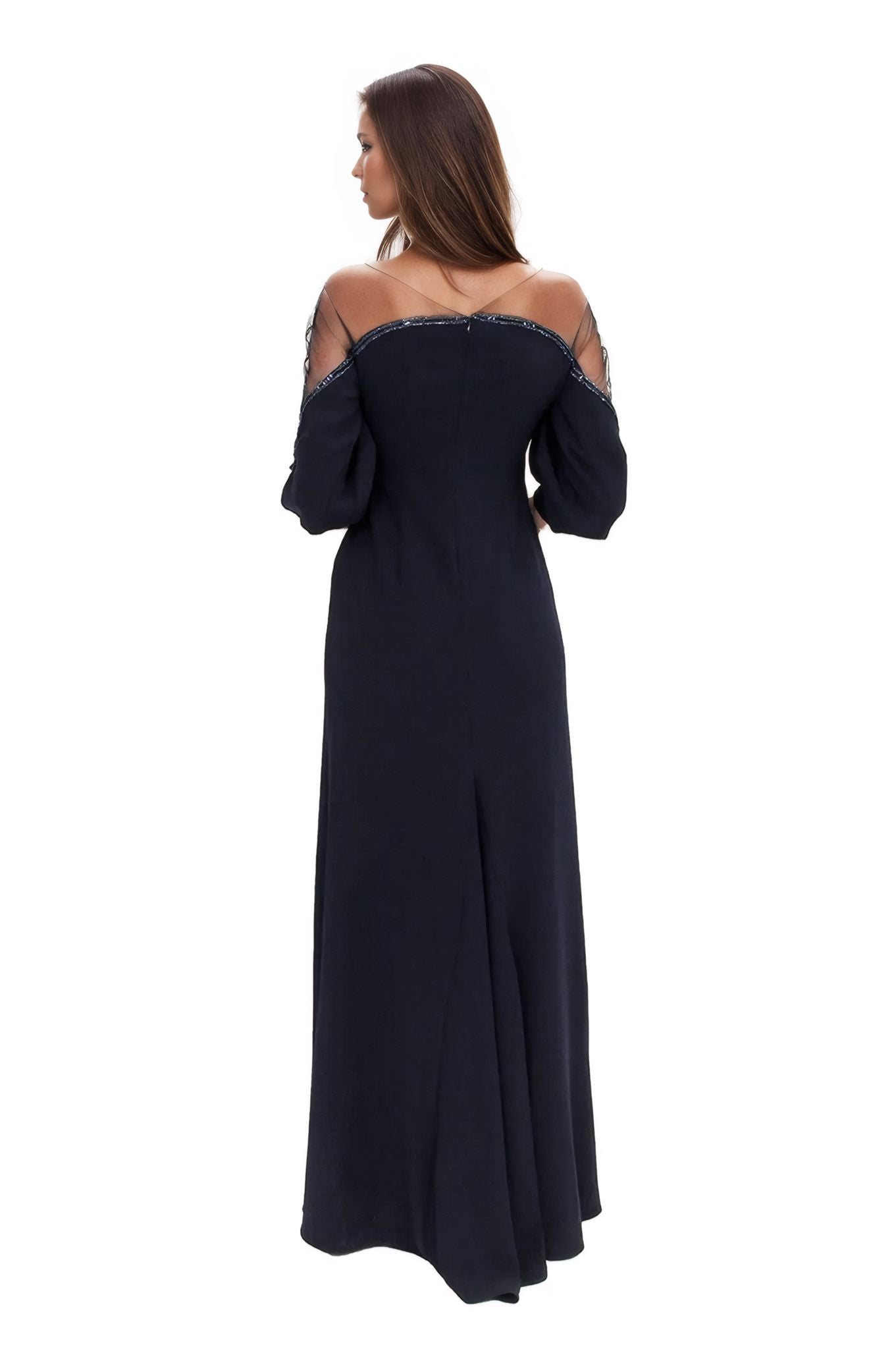 Crepe Column Illusion Gown with Puff Sleeve Gown Rene Ruiz Collection