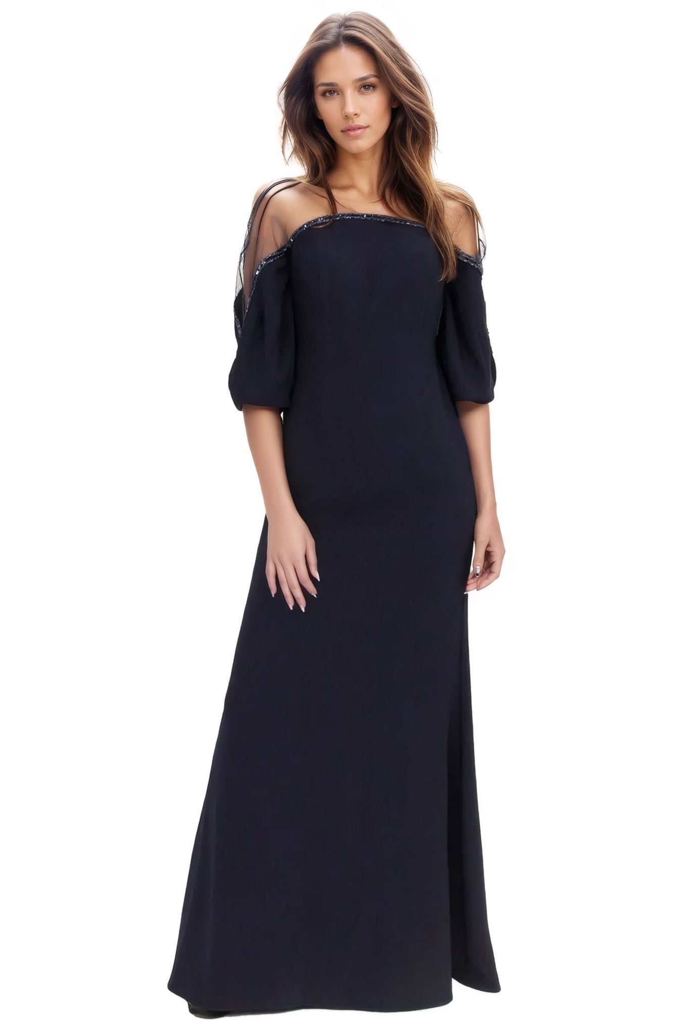 Crepe Column Illusion Gown with Puff Sleeve Gown Rene Ruiz Collection 2 Navy