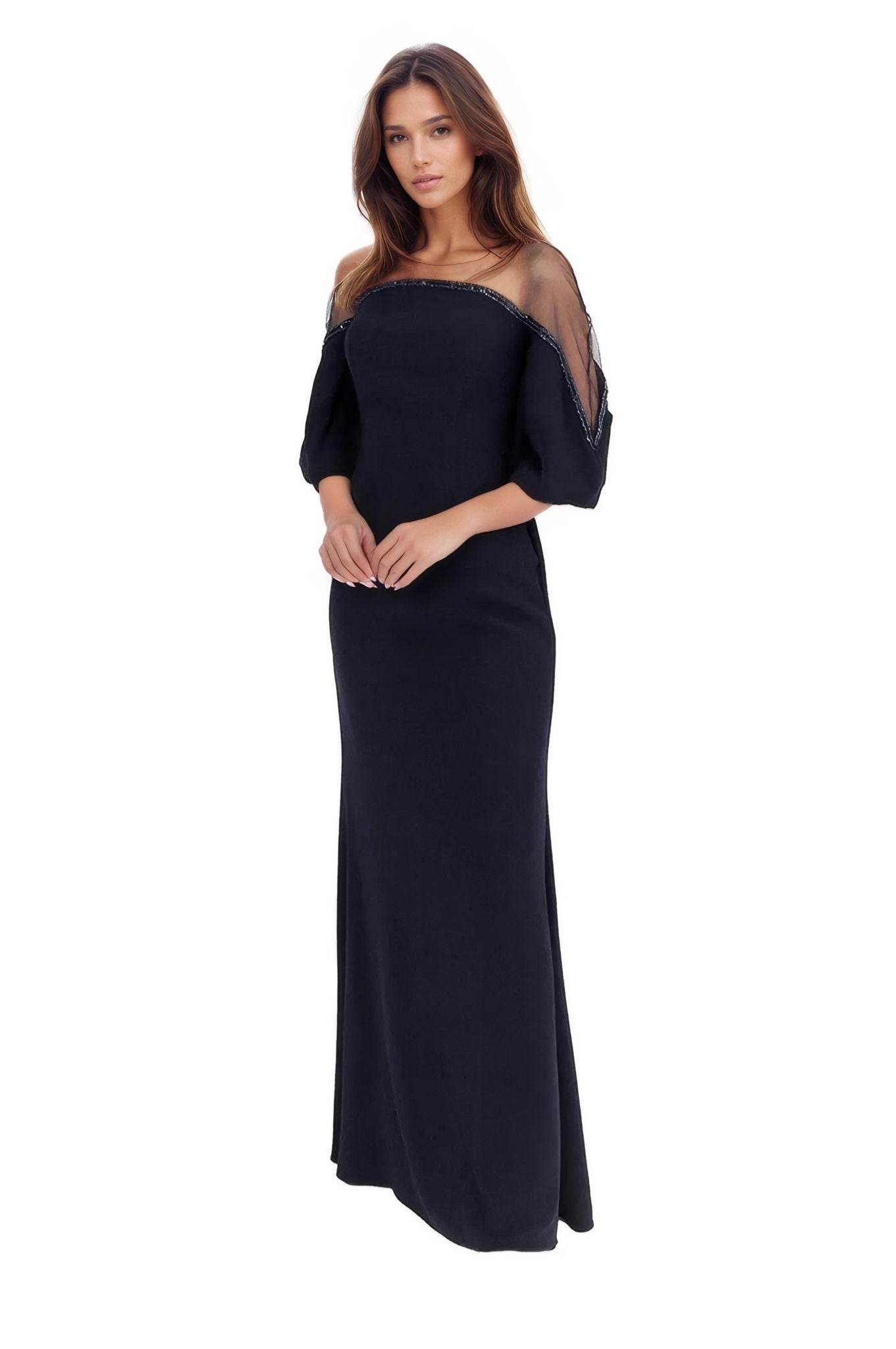 Crepe Column Illusion Gown with Puff Sleeve Gown Rene Ruiz Collection