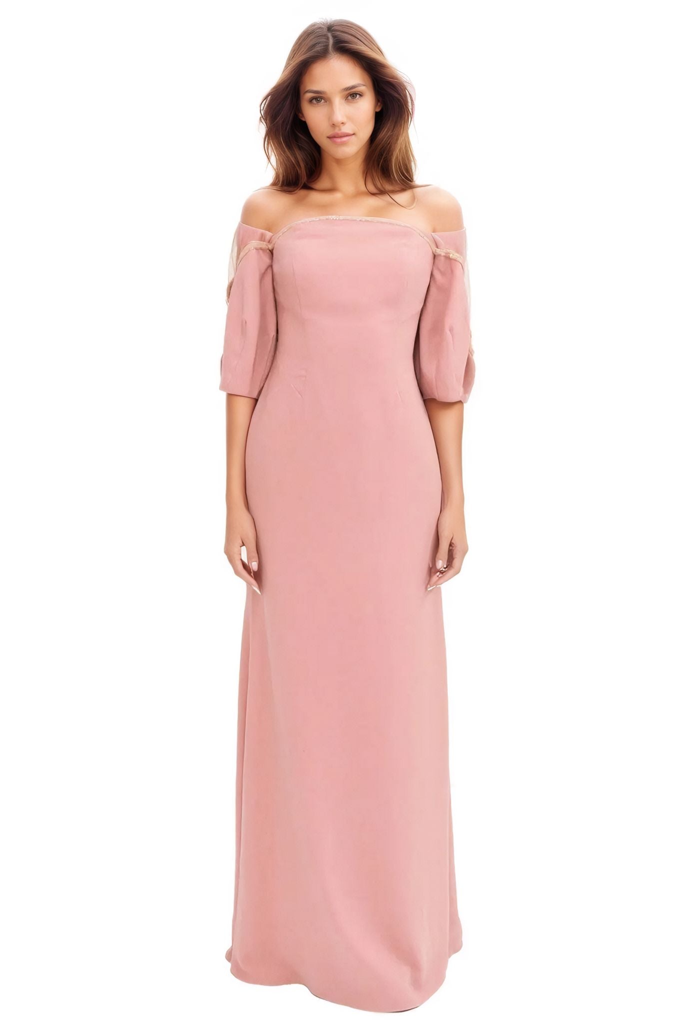 Crepe Column Illusion Gown with Puff Sleeve Gown Rene Ruiz Collection 2 Pink
