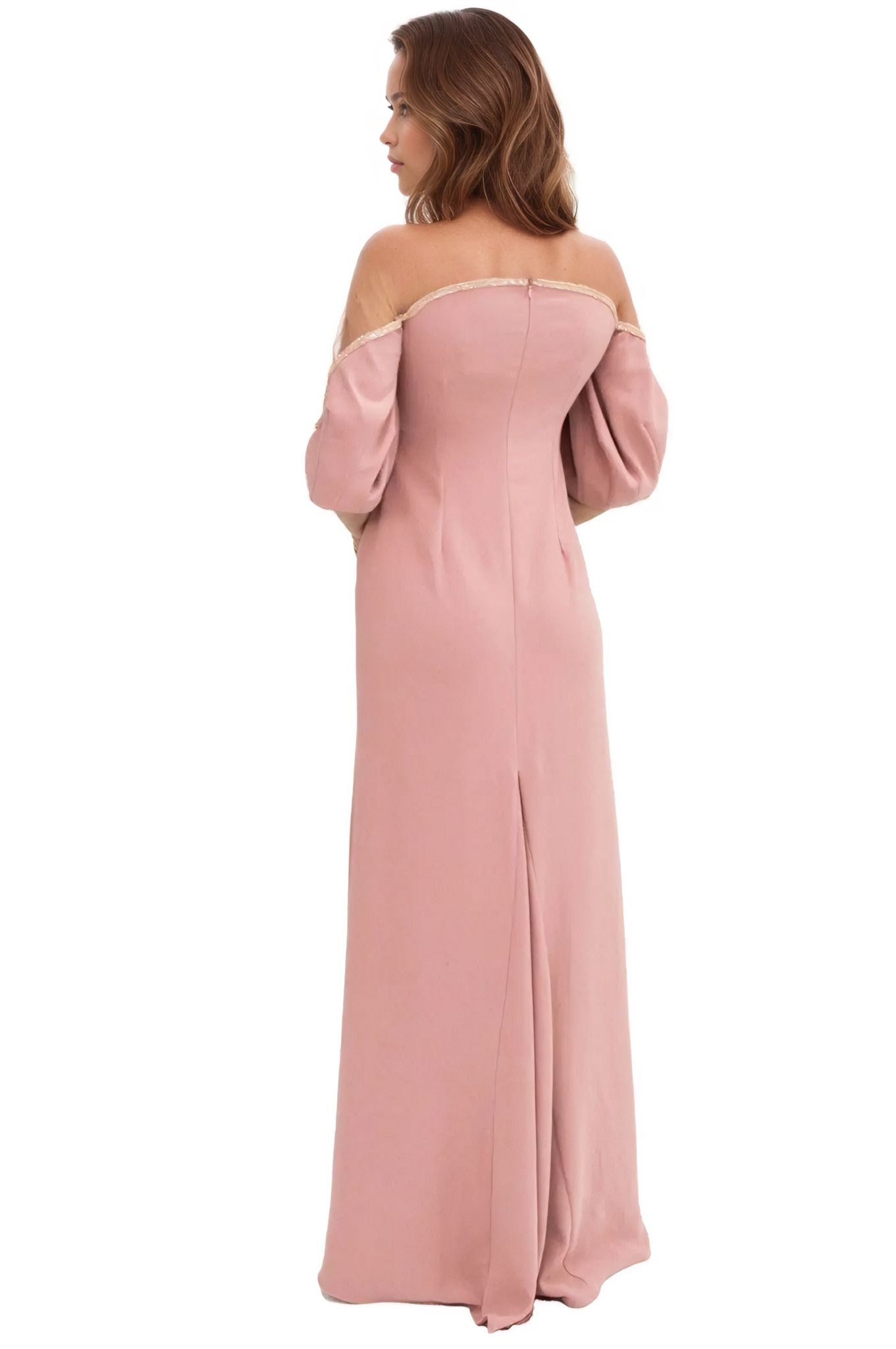 Crepe Column Illusion Gown with Puff Sleeve Gown Rene Ruiz Collection