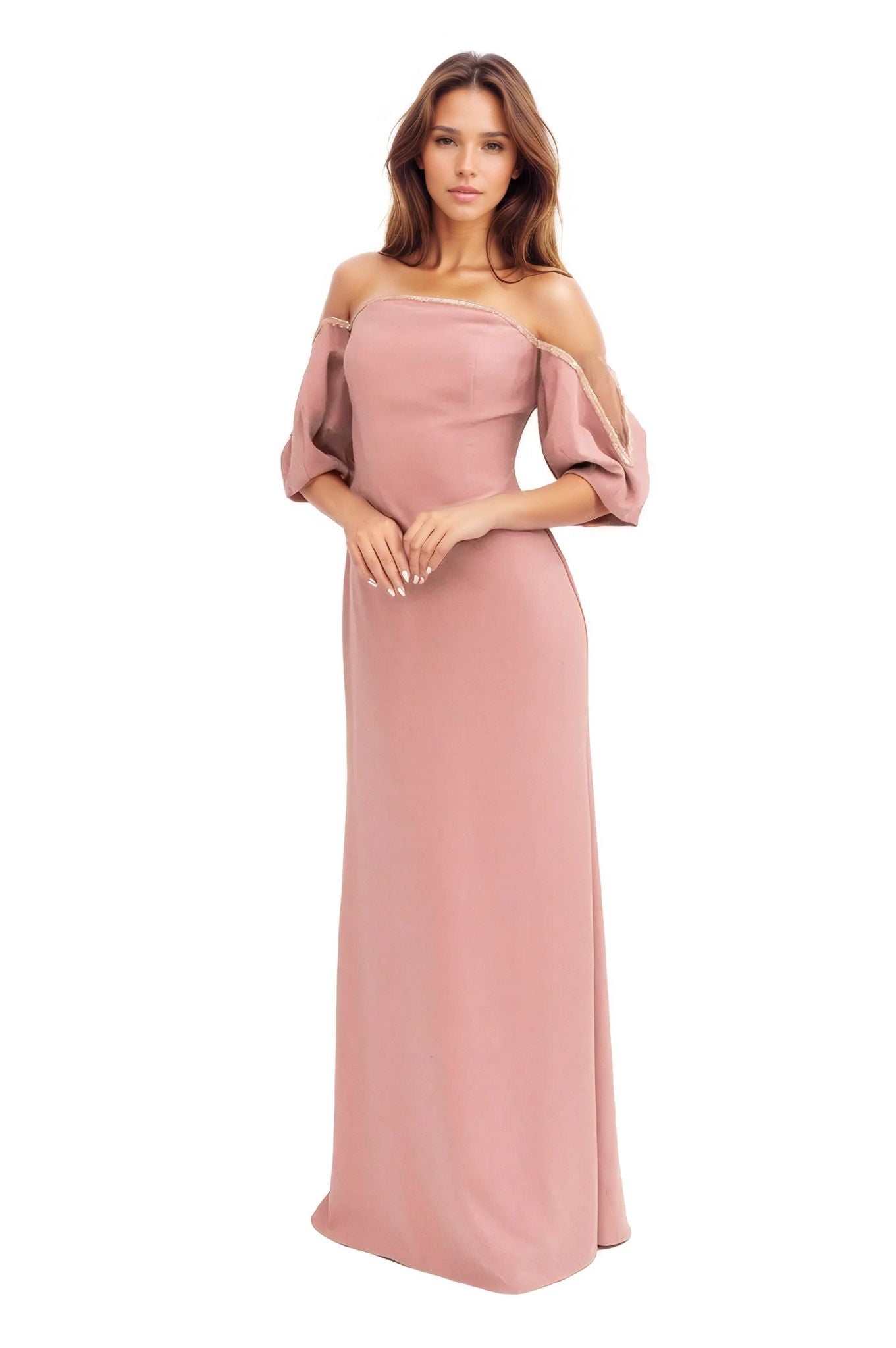 Crepe Column Illusion Gown with Puff Sleeve Gown Rene Ruiz Collection