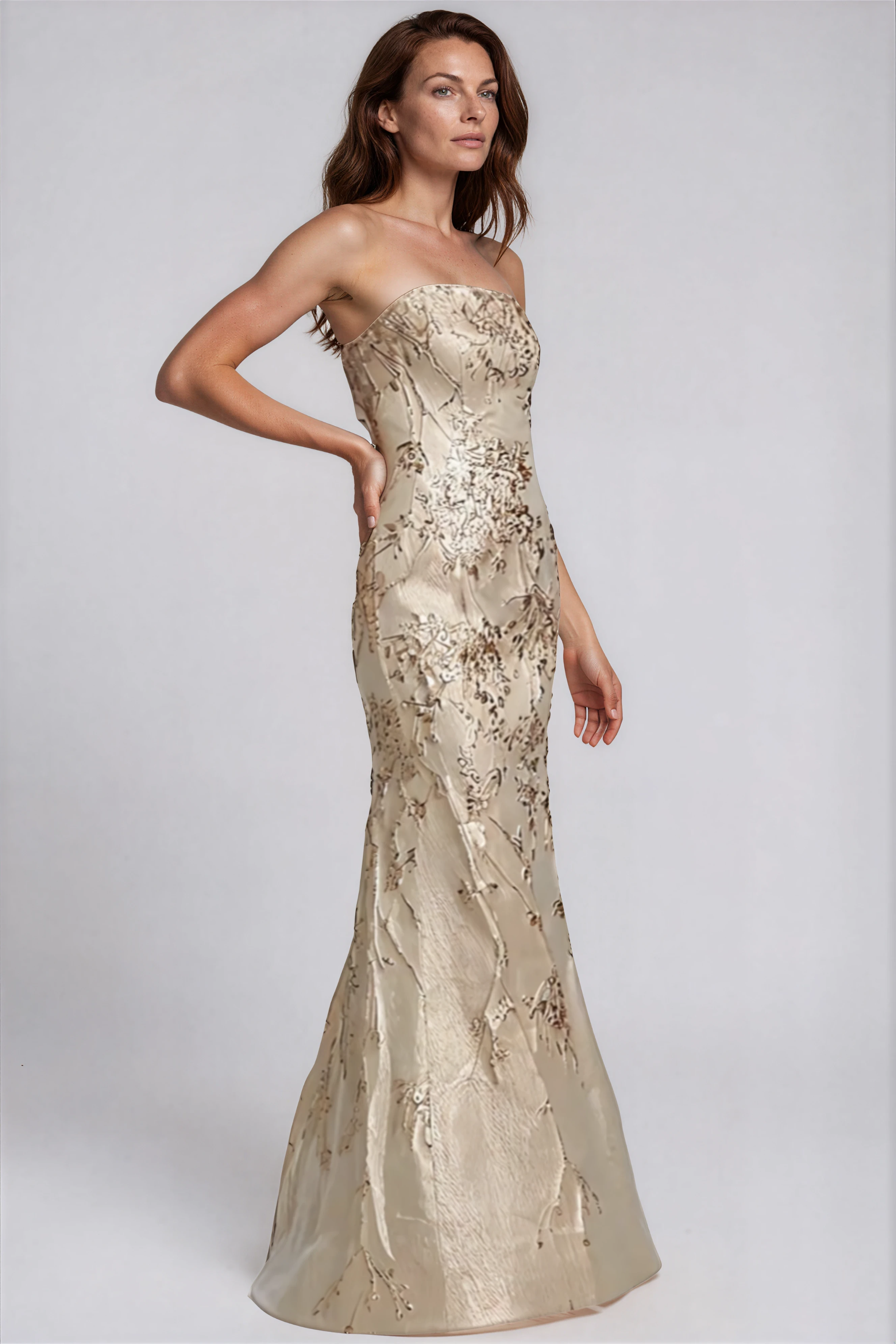 Strapless Fit and Flare Brocade Gown