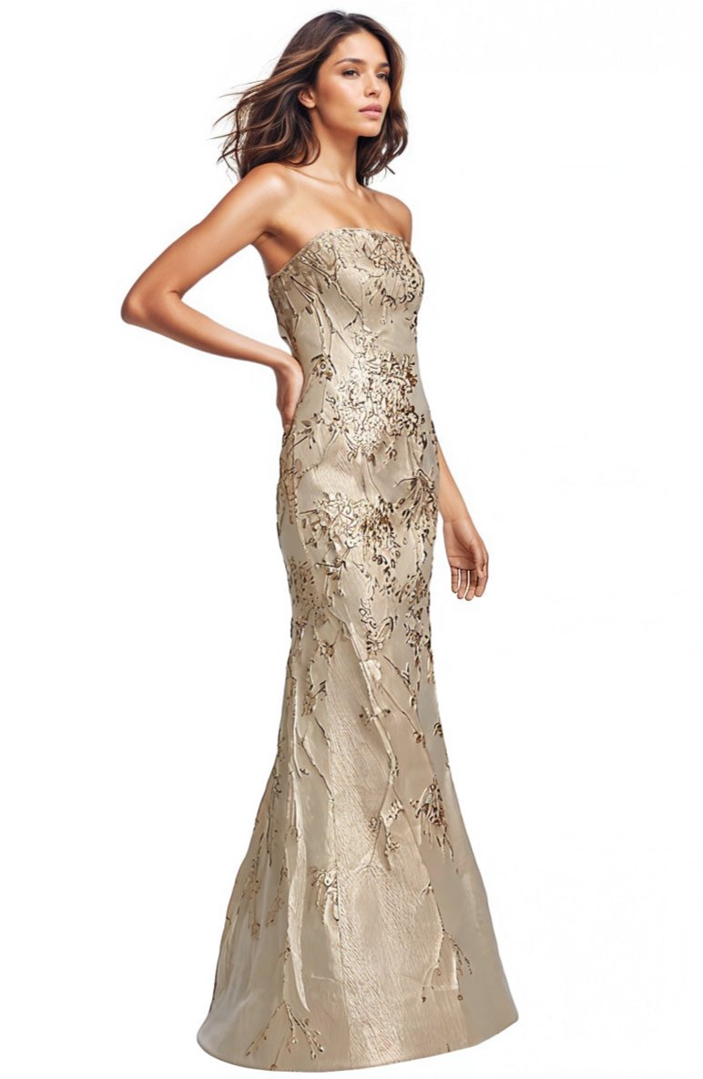 Strapless Fit and Flare Brocade Gown Gown Rene Ruiz Collection