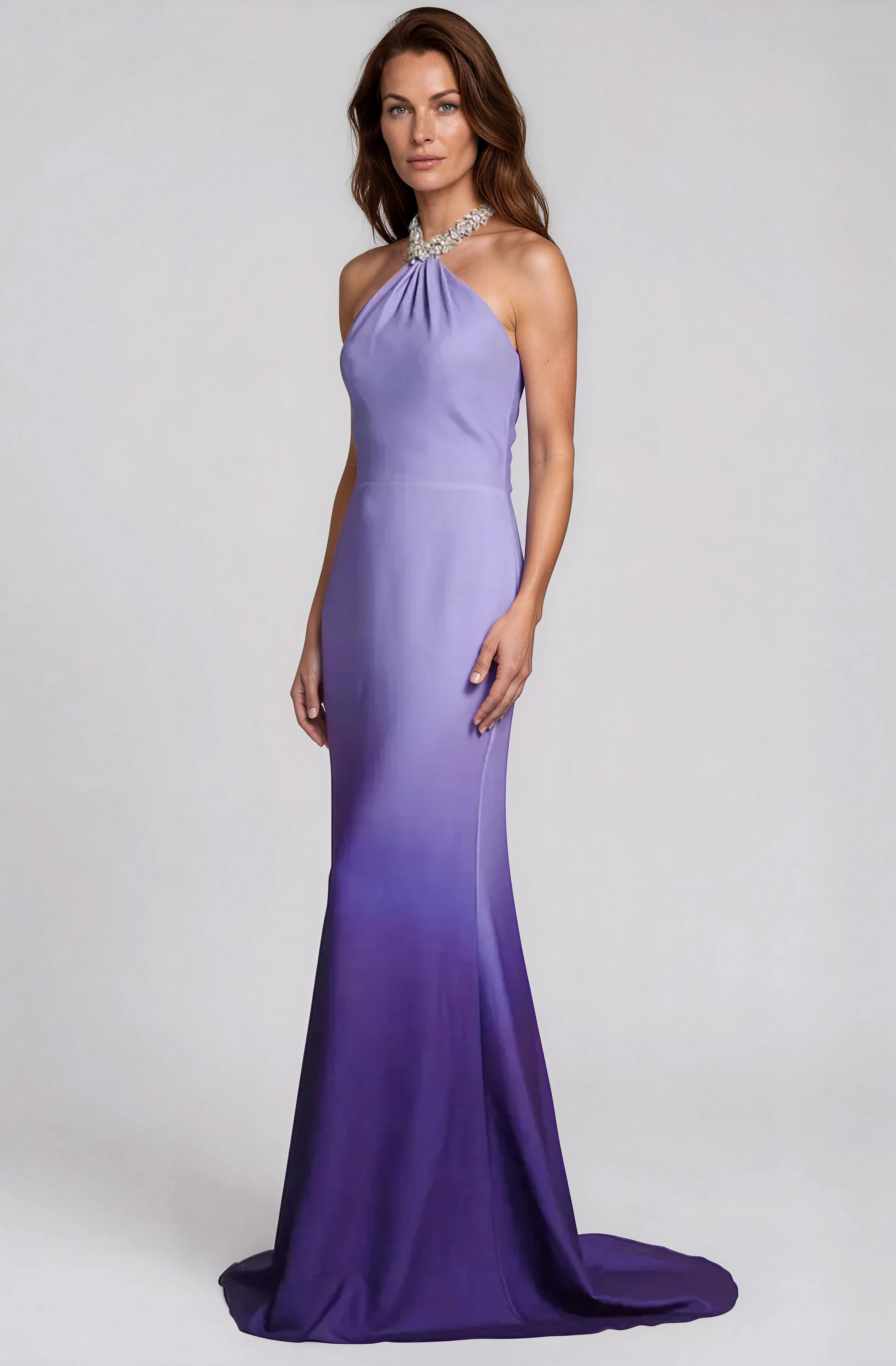Embellished Halter Ombré Chiffon Gown Gown Rene Ruiz Collection