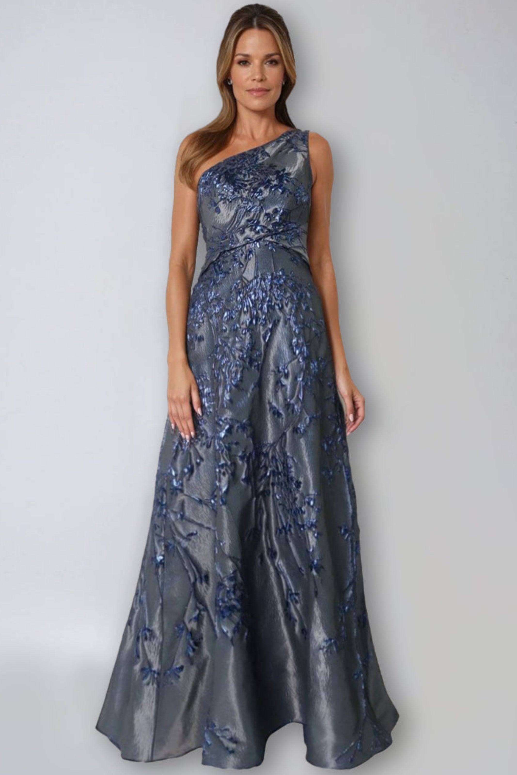 One Shoulder Brocade Metallic Floral A-Line Gown Gown Rene Ruiz Collection