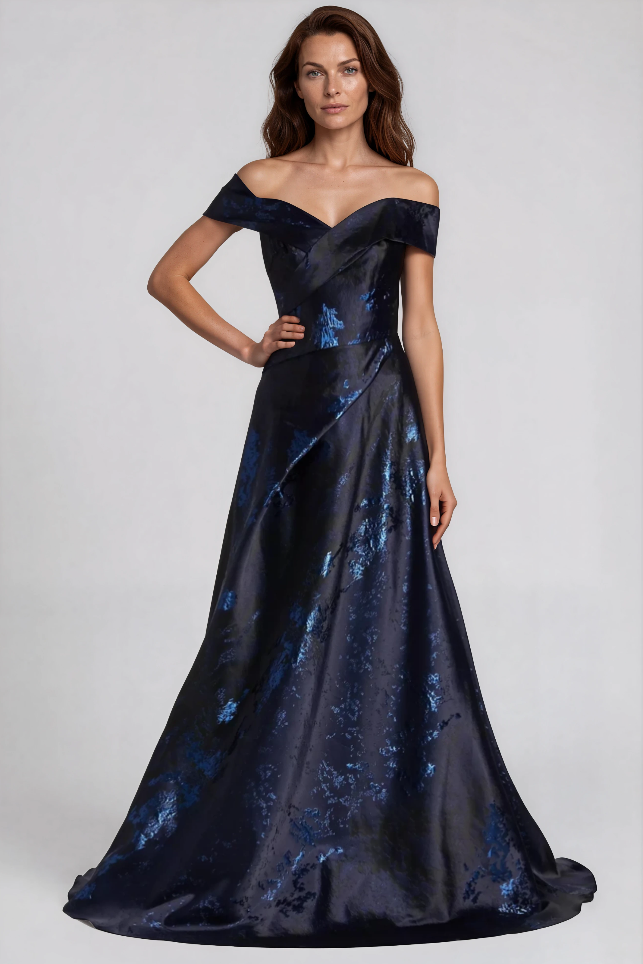 Off The Shoulder Brocade Gown Gown Rene Ruiz Collection 0 Navy