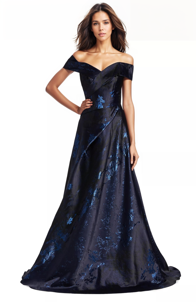 Off The Shoulder Brocade Gown Gown Rene Ruiz Collection