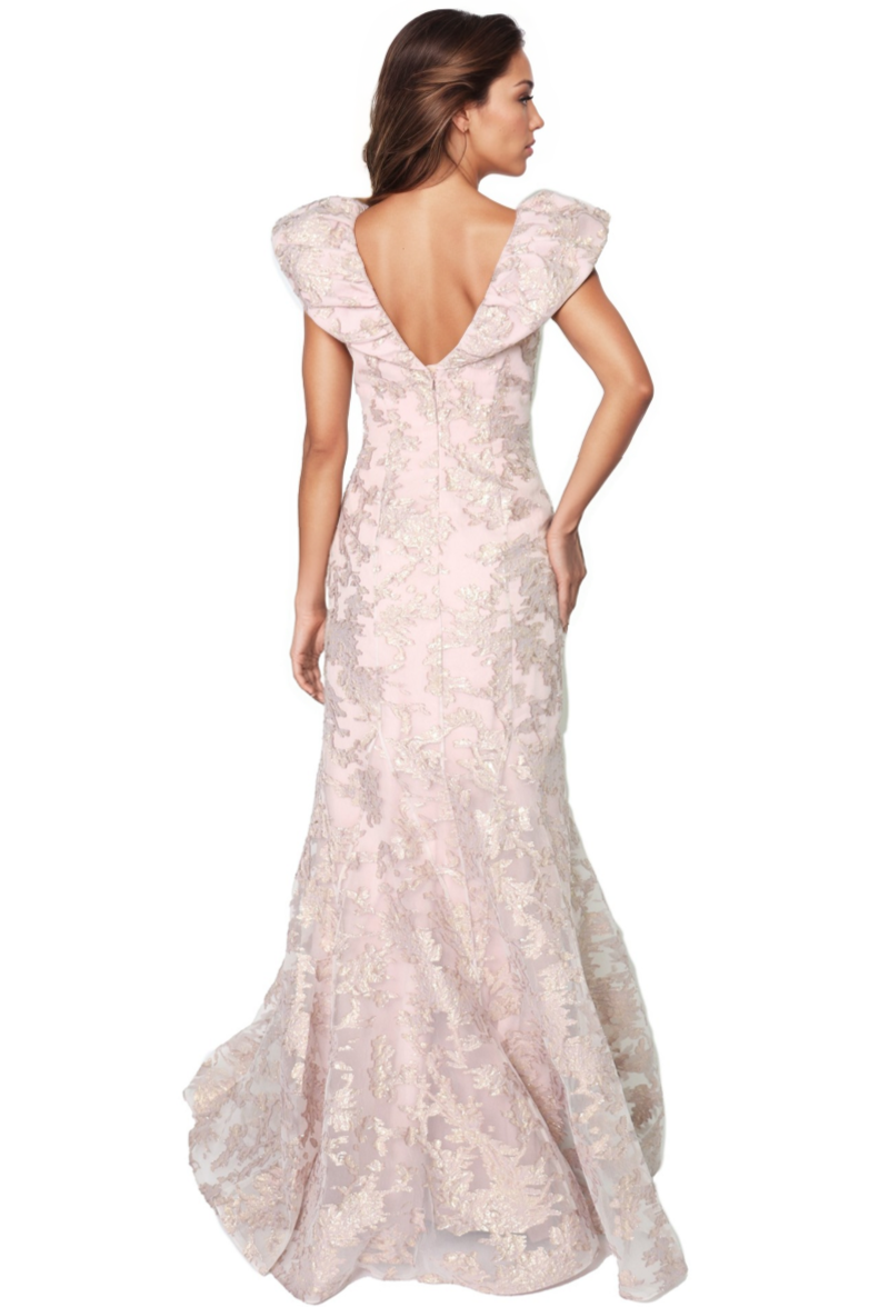 Puff Collar V Neck Brocade Fit and Flare Gown Gown Rene Ruiz Collection